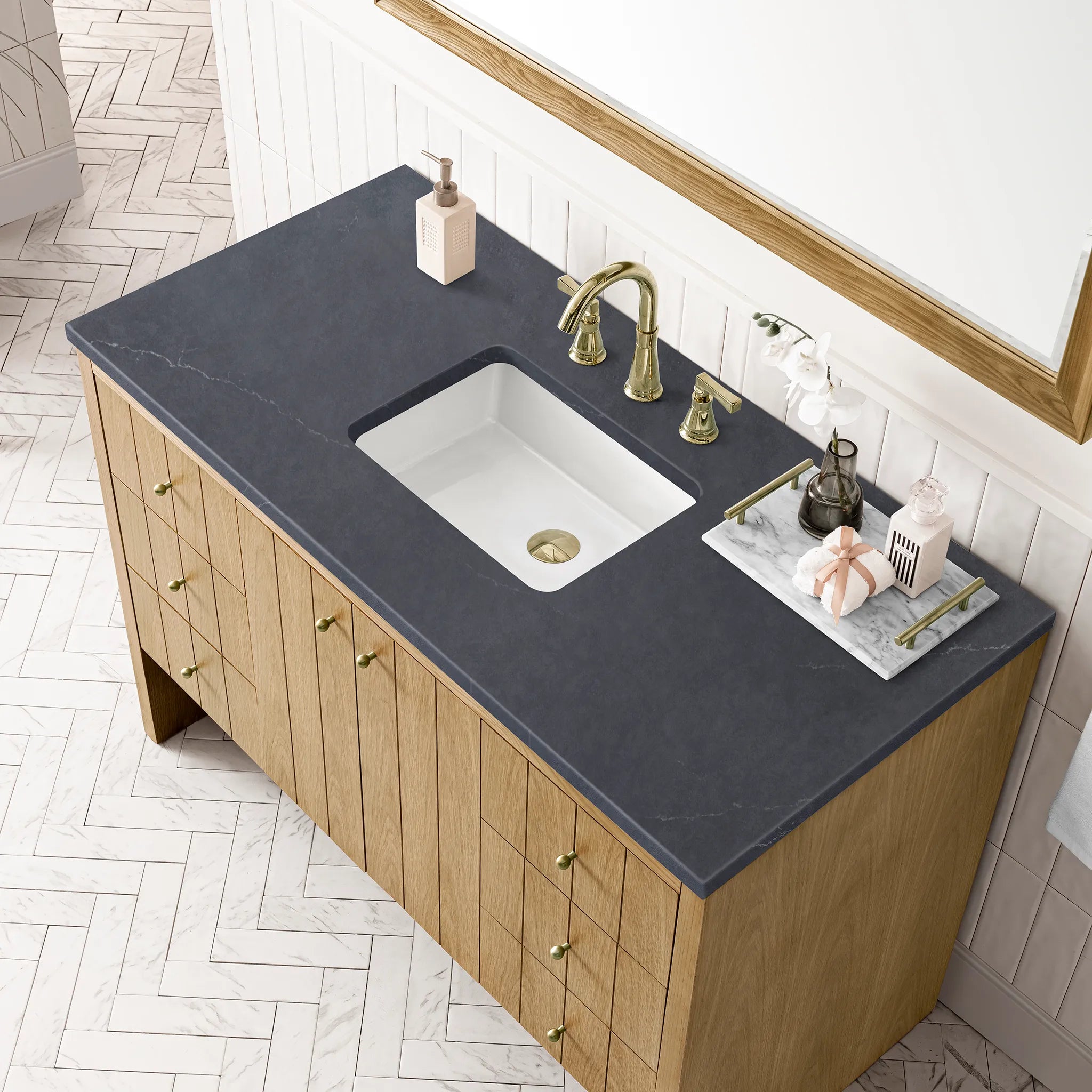 48" Hudson Single Vanity in Light Natural Oak-Charcoal Soapstone Silestone-8" Widespread image 4