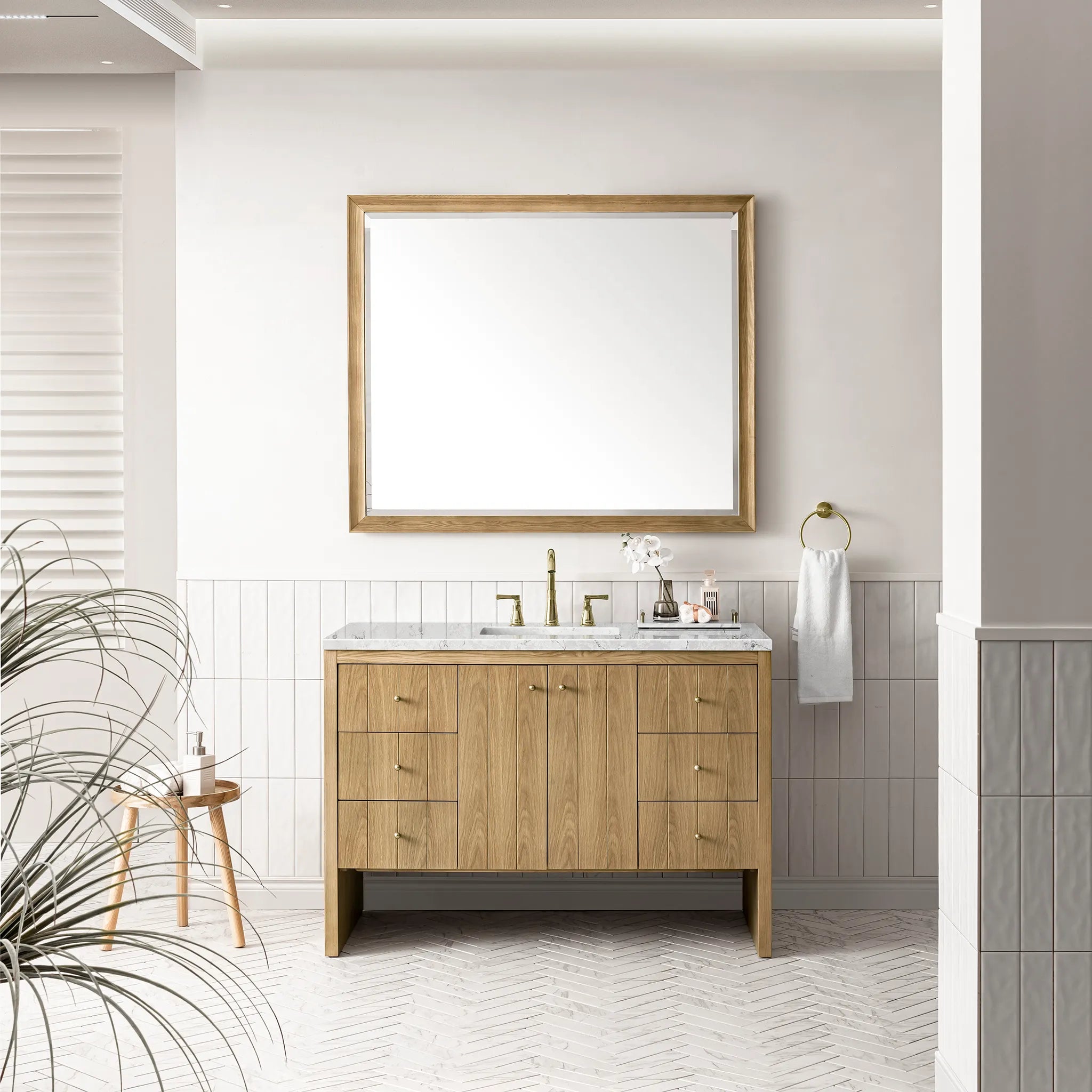 48" Hudson Single Vanity in Light Natural Oak-Eternal Jasmine Pearl Silestone-8" Widespread image 1