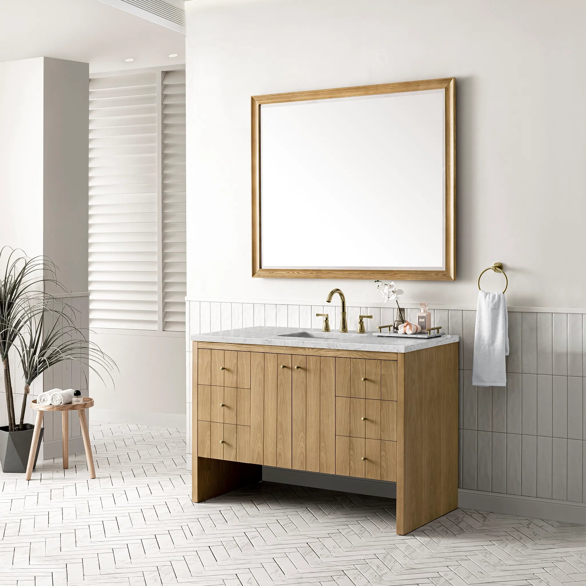48" Hudson Single Vanity in Light Natural Oak-Eternal Jasmine Pearl Silestone-8" Widespread image 2