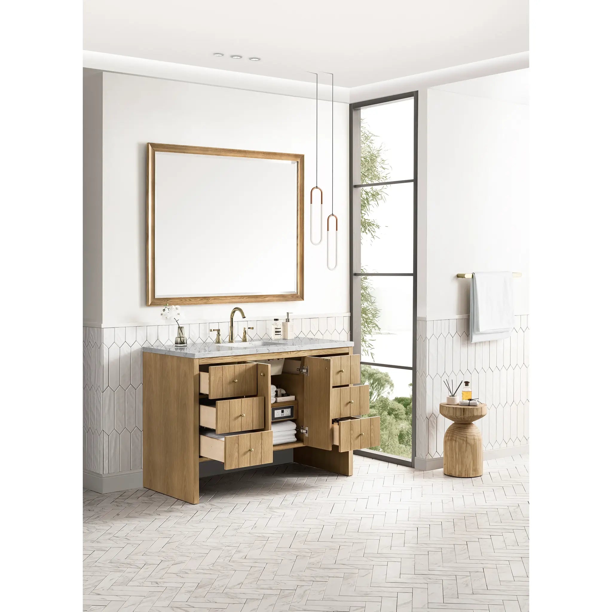 48" Hudson Single Vanity in Light Natural Oak-Eternal Jasmine Pearl Silestone-8" Widespread image 3