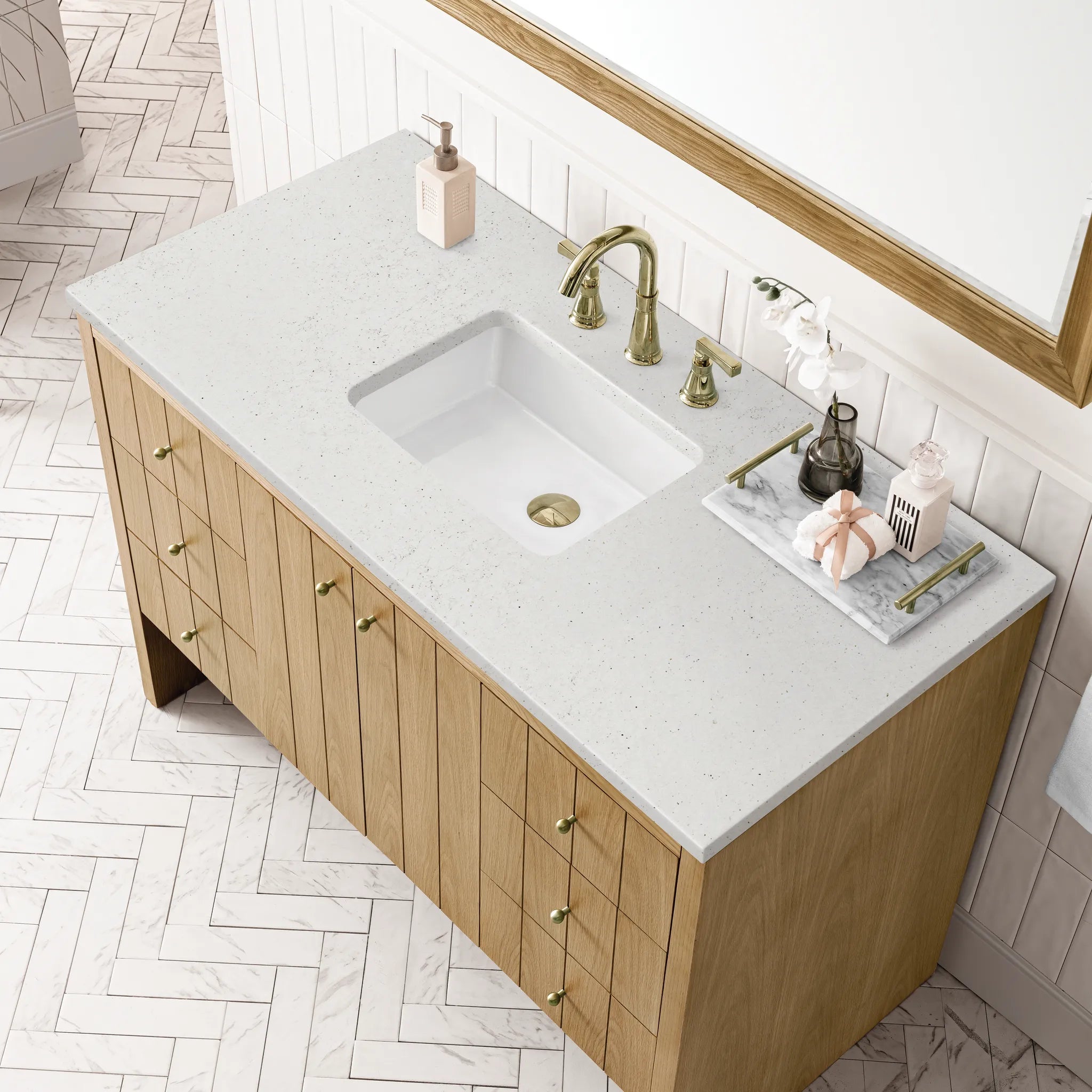 48" Hudson Single Vanity in Light Natural Oak-Lime Delight Silestone-8" Widespread image 4