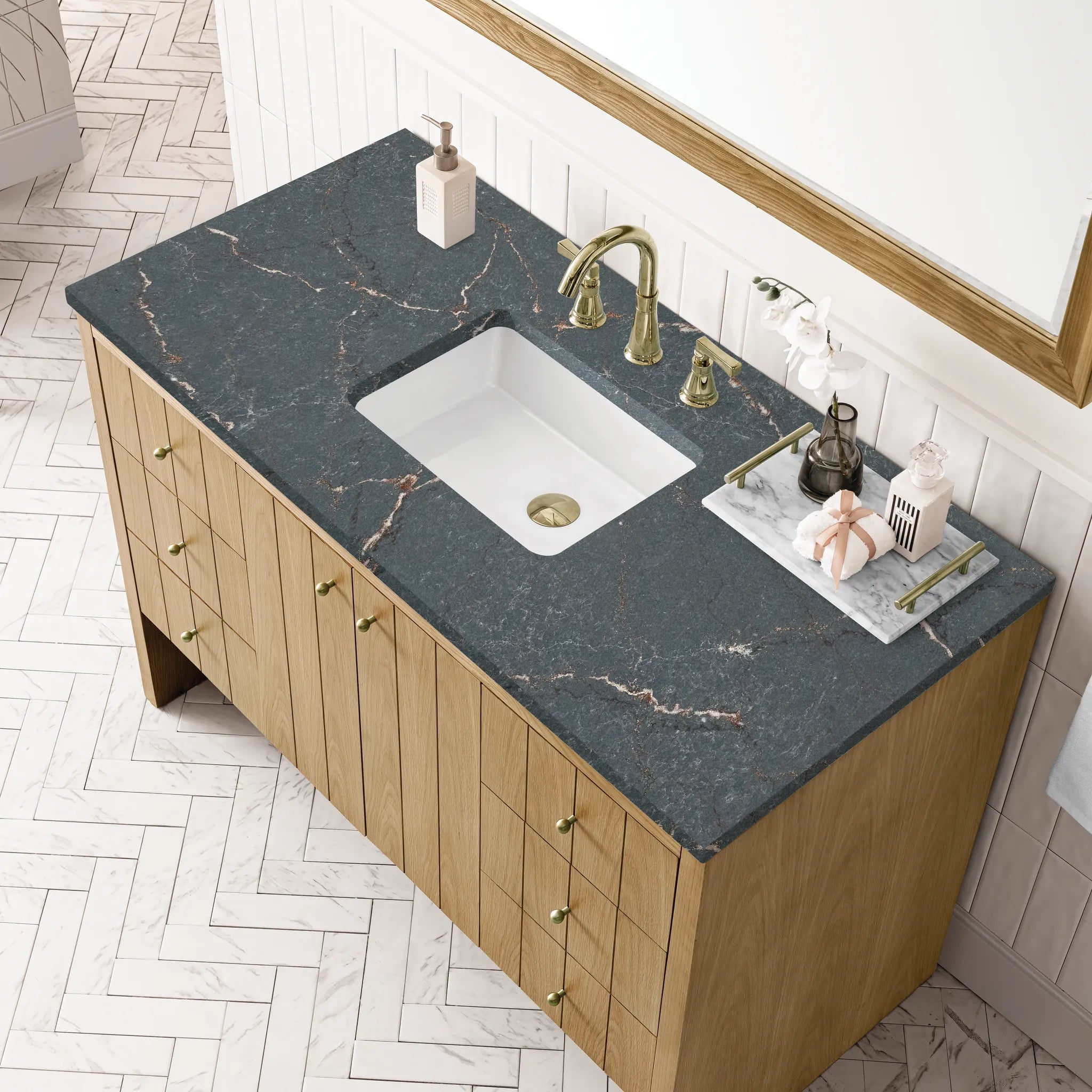 48" Hudson Single Vanity in Light Natural Oak-Parisien Bleu Silestone-8" Widespread image 4