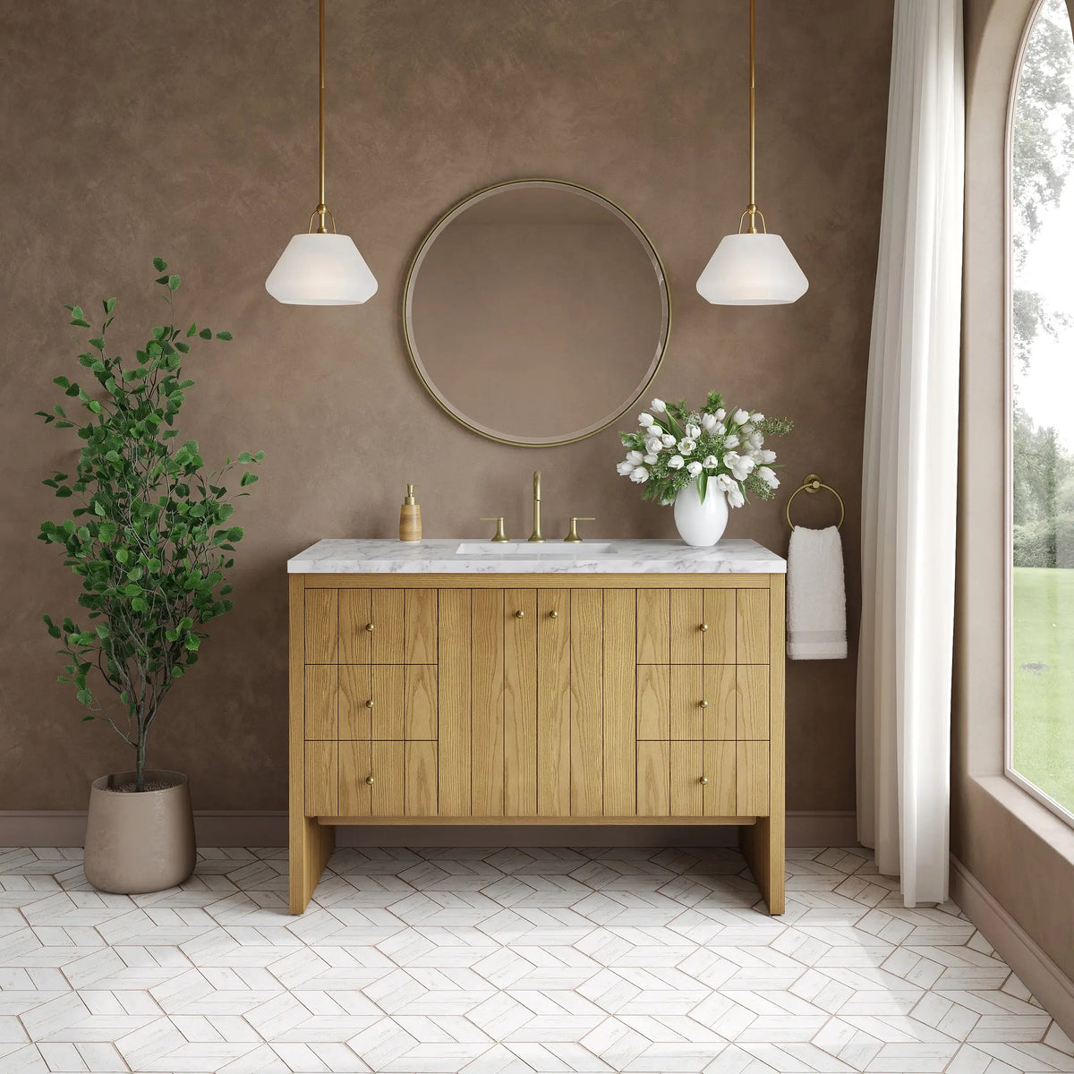 48 Hudson Single Vanity In Light Natural Oak Standard Carrara White Marble 8 Widespread 3