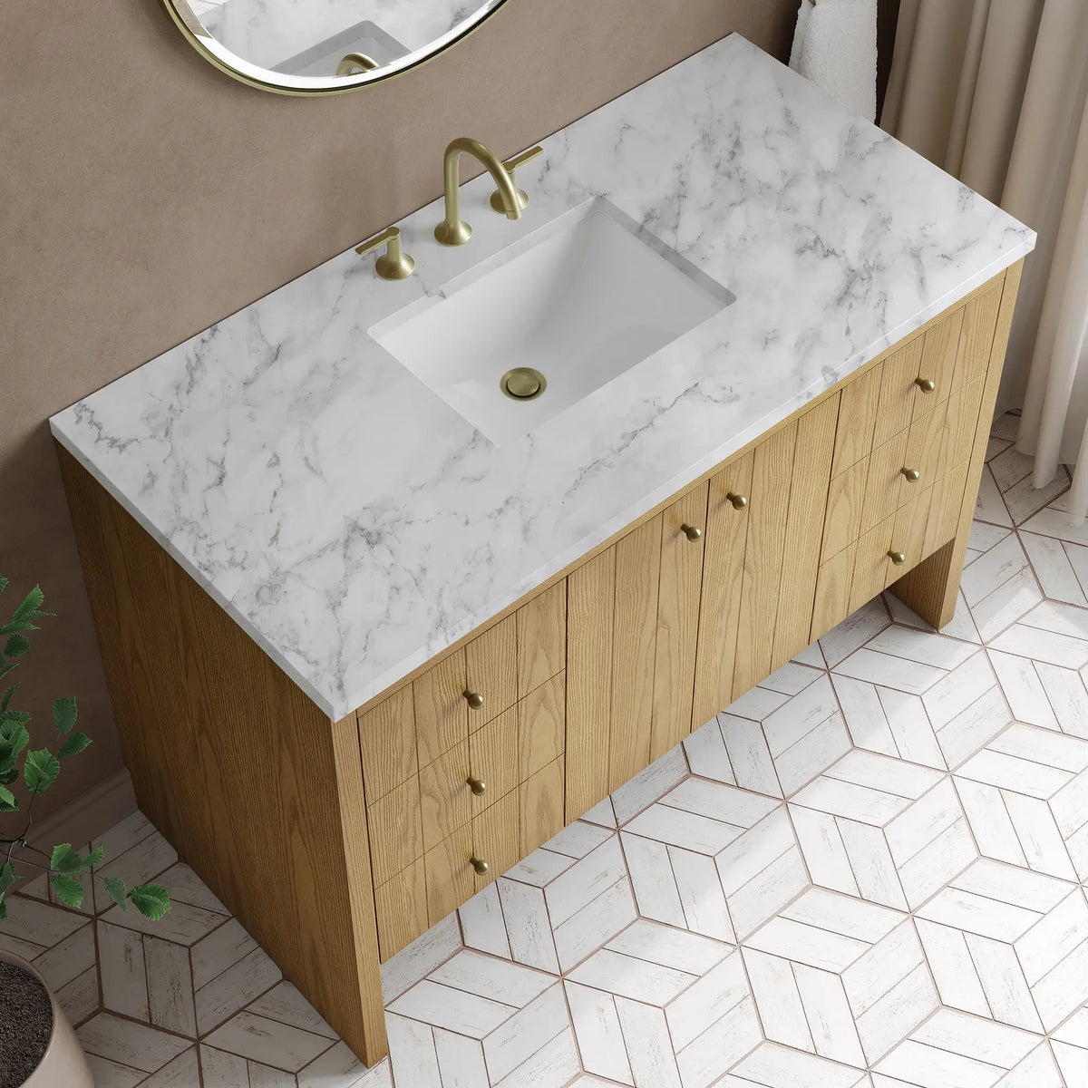 48 Hudson Single Vanity In Light Natural Oak Standard Carrara White Marble 8 Widespread 8