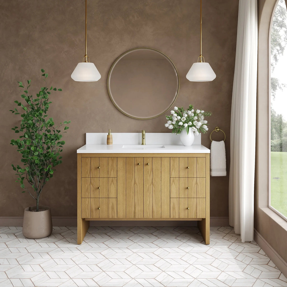 48 Hudson Single Vanity In Light Natural Oak Standard White Zeus Silestone Backsplash Single Hole 3