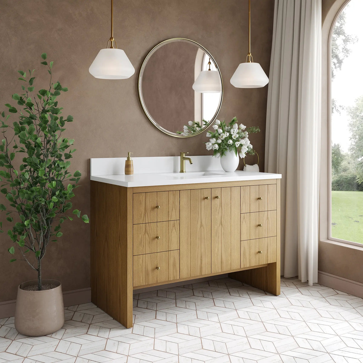 48 Hudson Single Vanity In Light Natural Oak Standard White Zeus Silestone Backsplash Single Hole 4