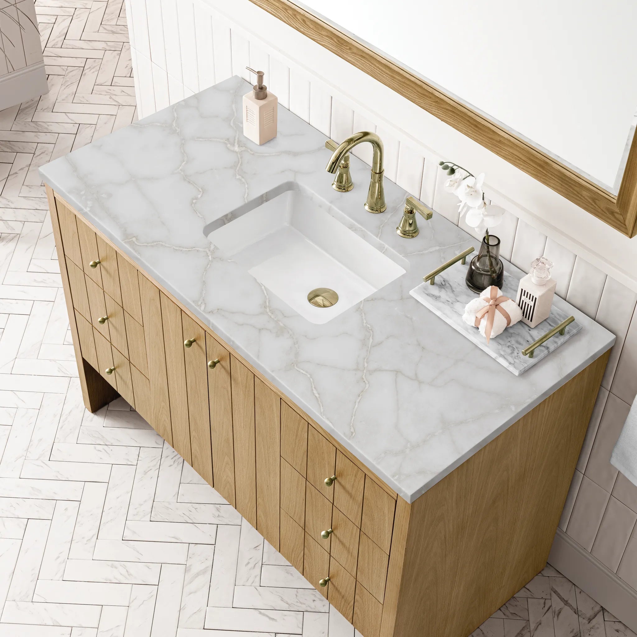 48" Hudson Single Vanity in Light Natural Oak-Victorian Silver Silestone-8" Widespread image 4