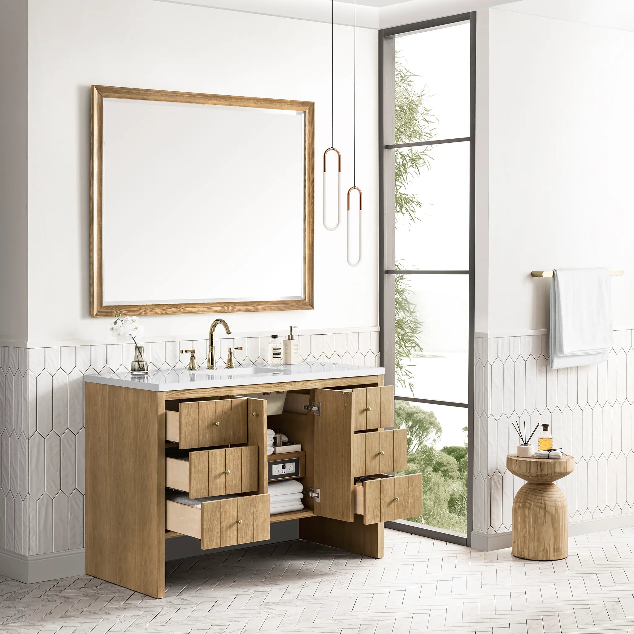 48" Hudson Single Vanity in Light Natural Oak-White Zeus Silestone-8" Widespread image 4