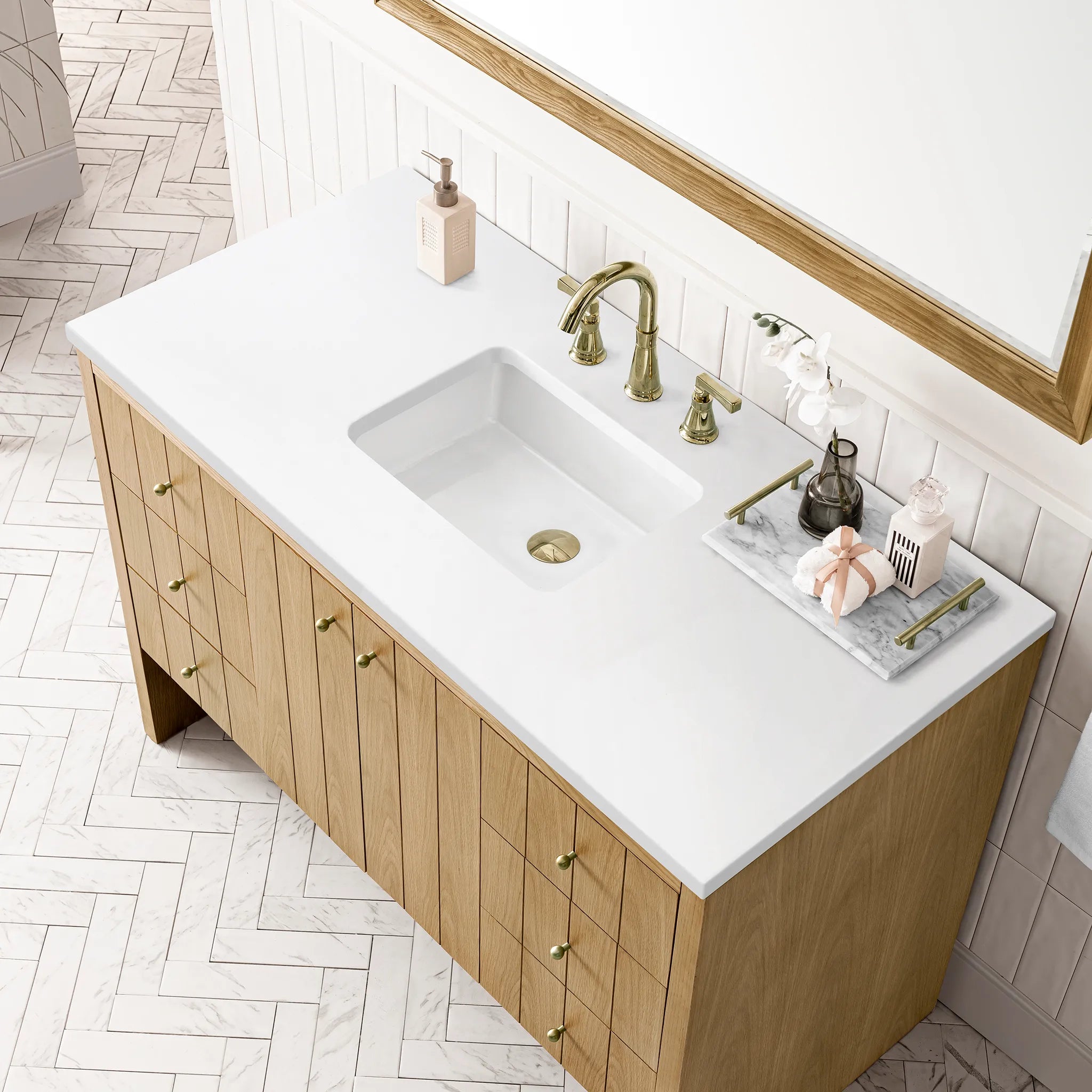 48" Hudson Single Vanity in Light Natural Oak-White Zeus Silestone-8" Widespread image 7