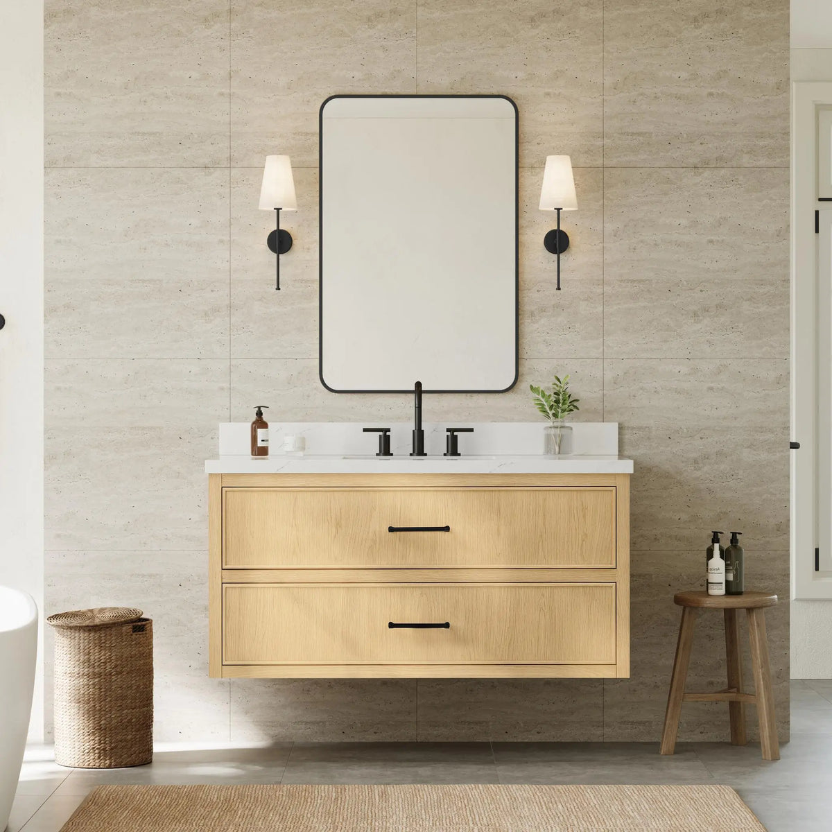 48" Isola Single Wall Mounted Bathroom Vanity Scandinavian Oak Matte Black Trim by wyndham View 6