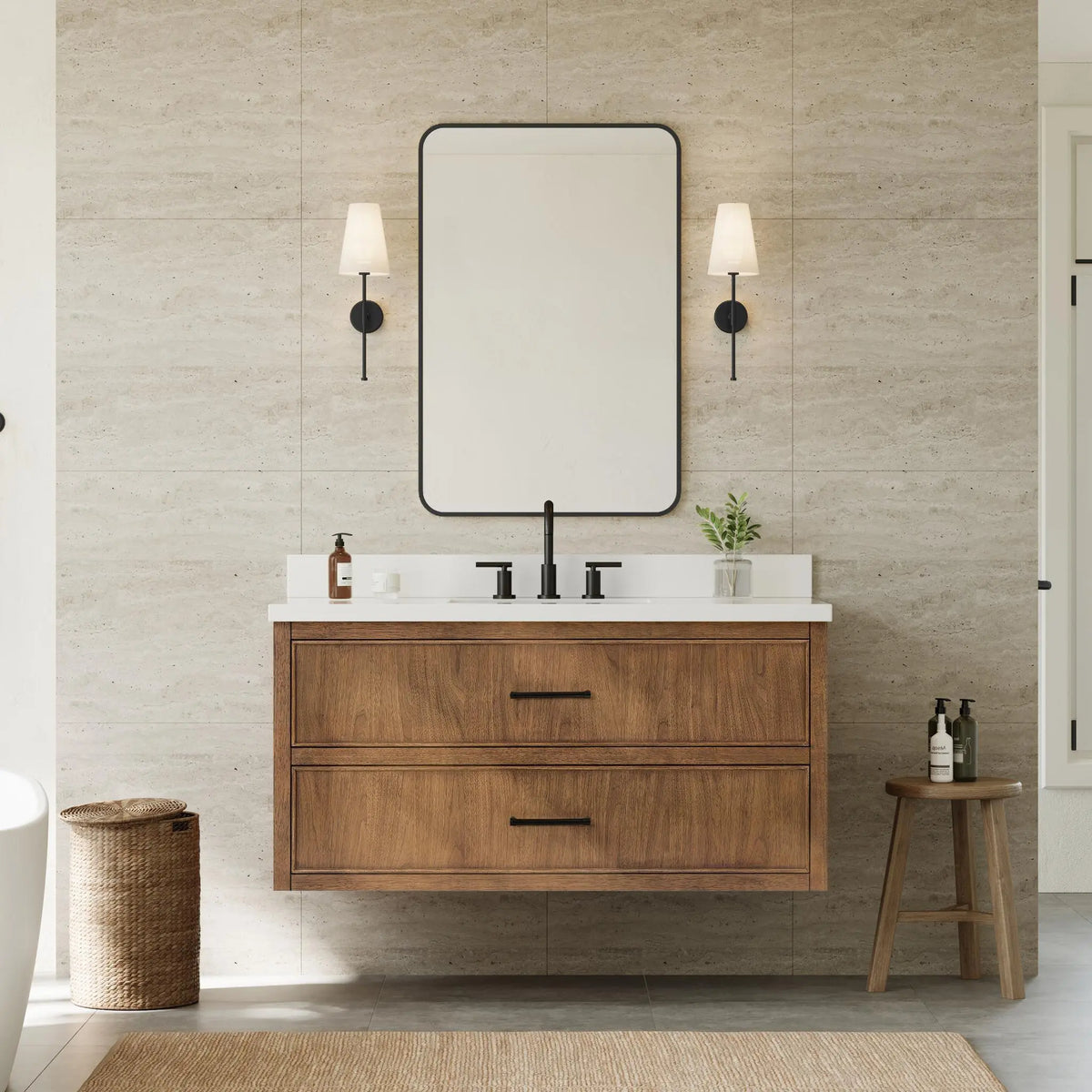 48" Isola Single Wall Mounted Bathroom Vanity Toasted Walnut Matte Black Trim by wyndham View 14