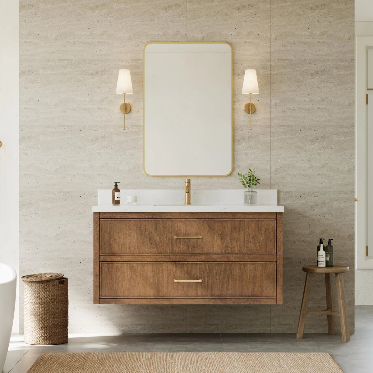 48" Isola Single Wall Mounted Bathroom Vanity Toasted Walnut Satin Bronze Trim by wyndham View 2