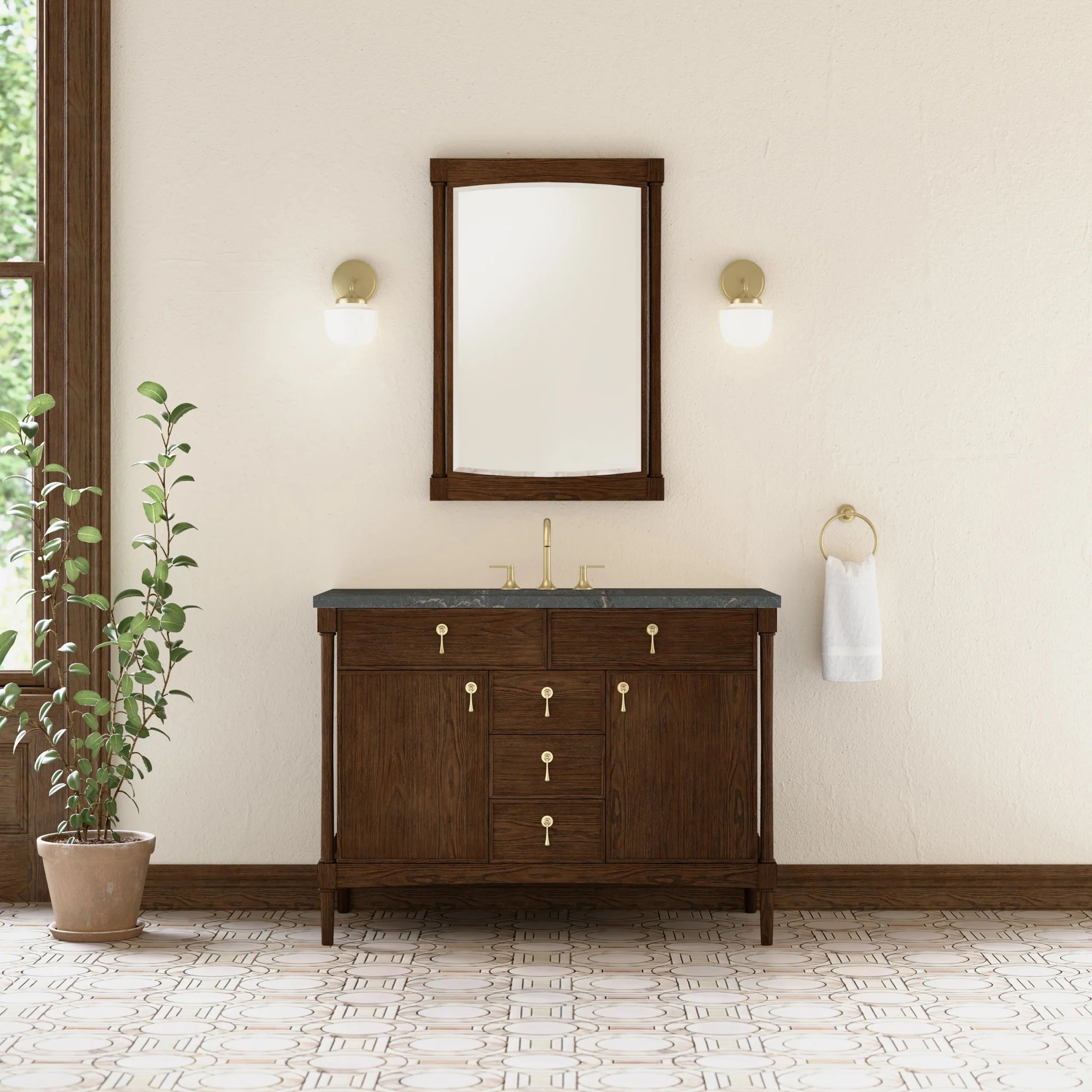 48" Kinnsden Single Vanity in Sable Oak by James Martin Vanities-Parisien Bleu Silestone 1