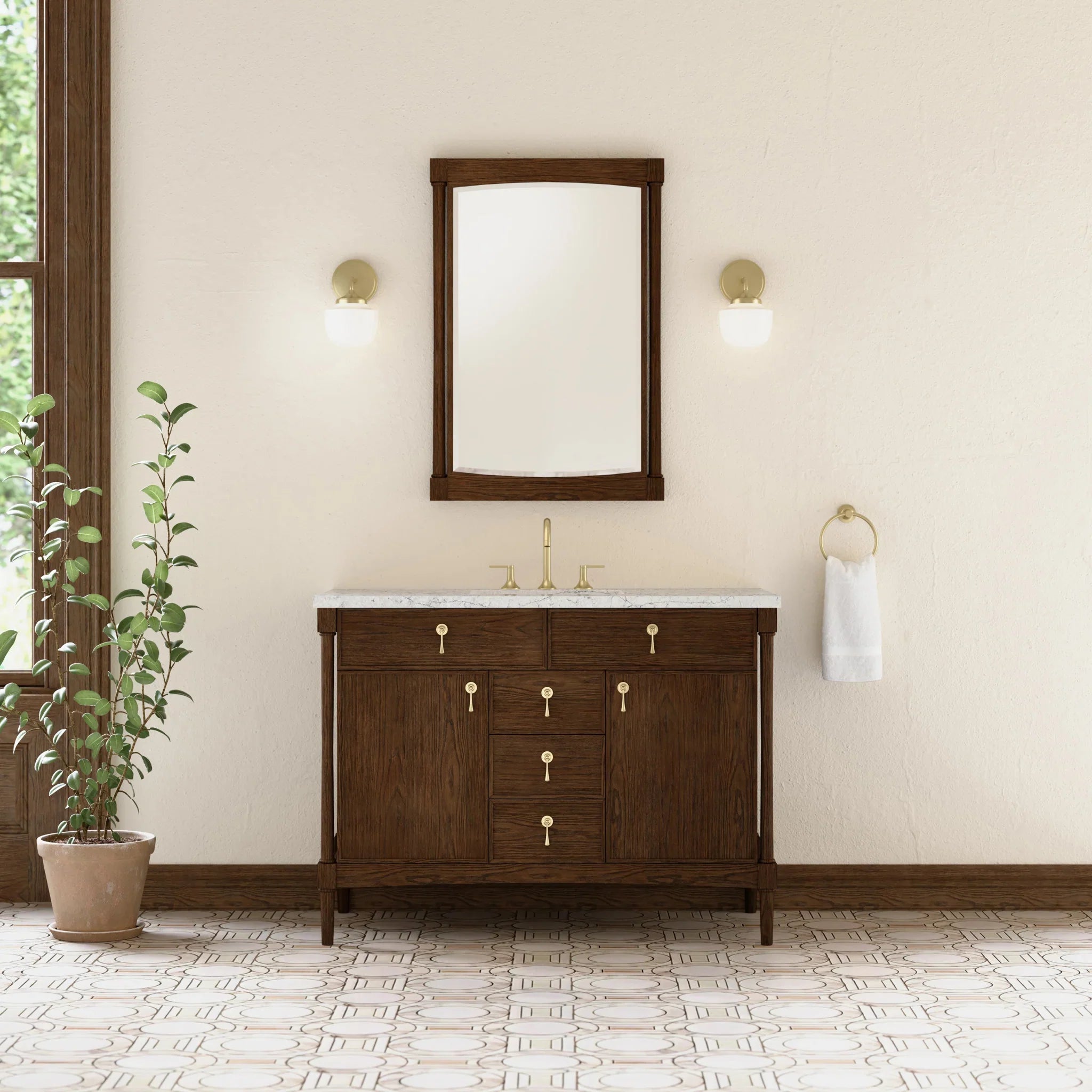 48" Kinnsden Single Vanity in Sable Oak w/FreePower Wireless Charger by James Martin Vanities-Eternal Jasmine Pearl Silestone 1