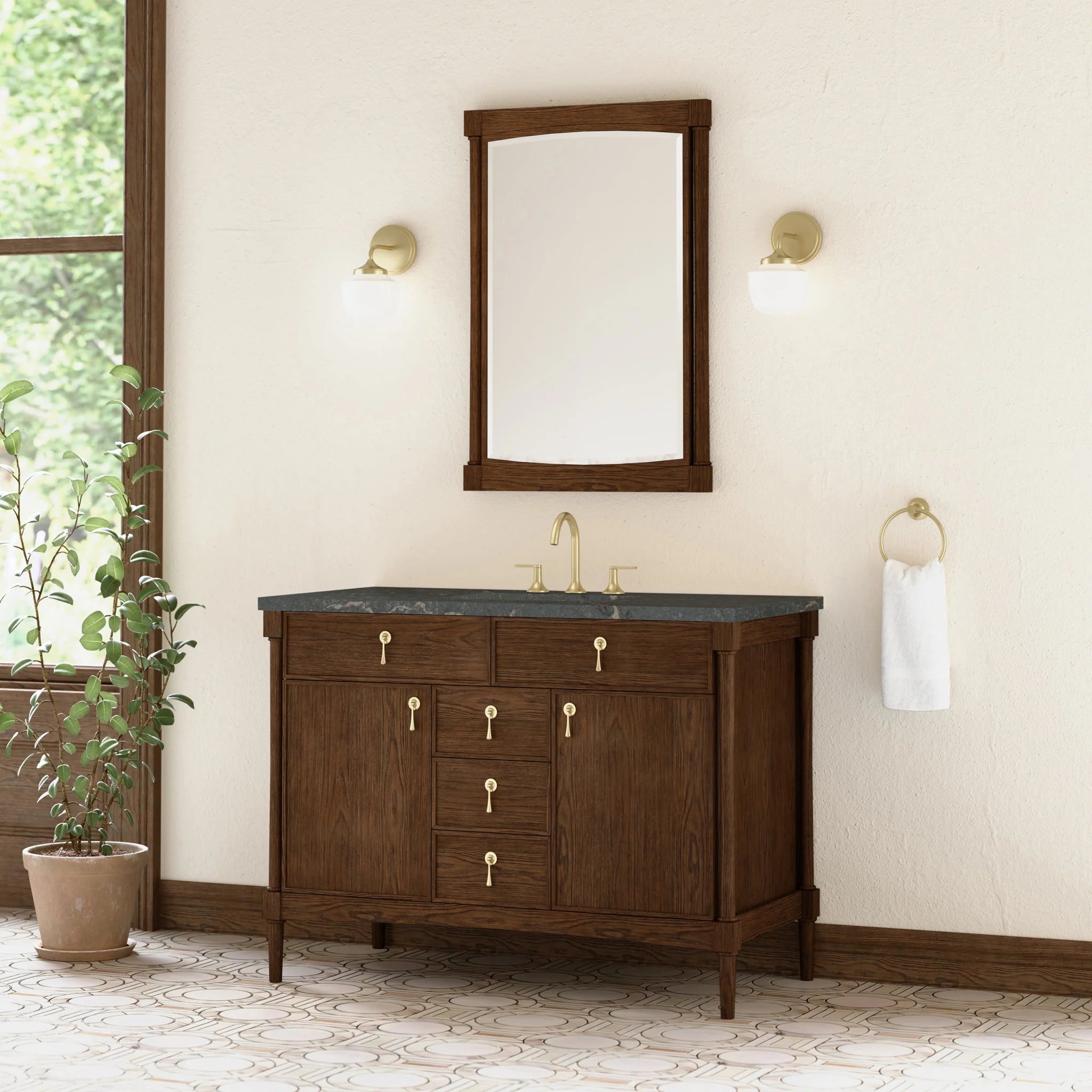 48" Kinnsden Single Vanity in Sable Oak w/FreePower Wireless Charger by James Martin Vanities-Parisien Bleu Silestone 2