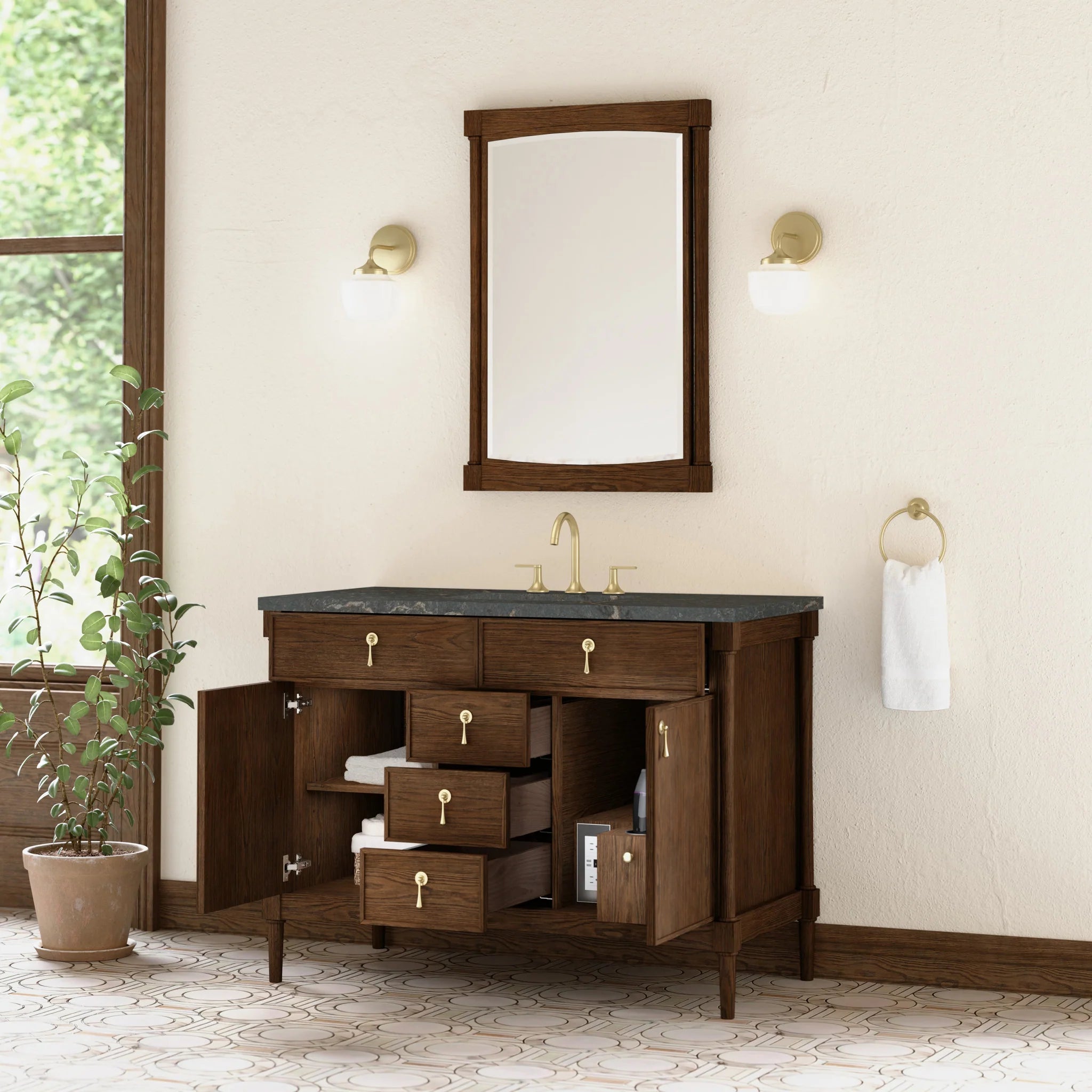 48" Kinnsden Single Vanity in Sable Oak w/FreePower Wireless Charger by James Martin Vanities-Parisien Bleu Silestone 3