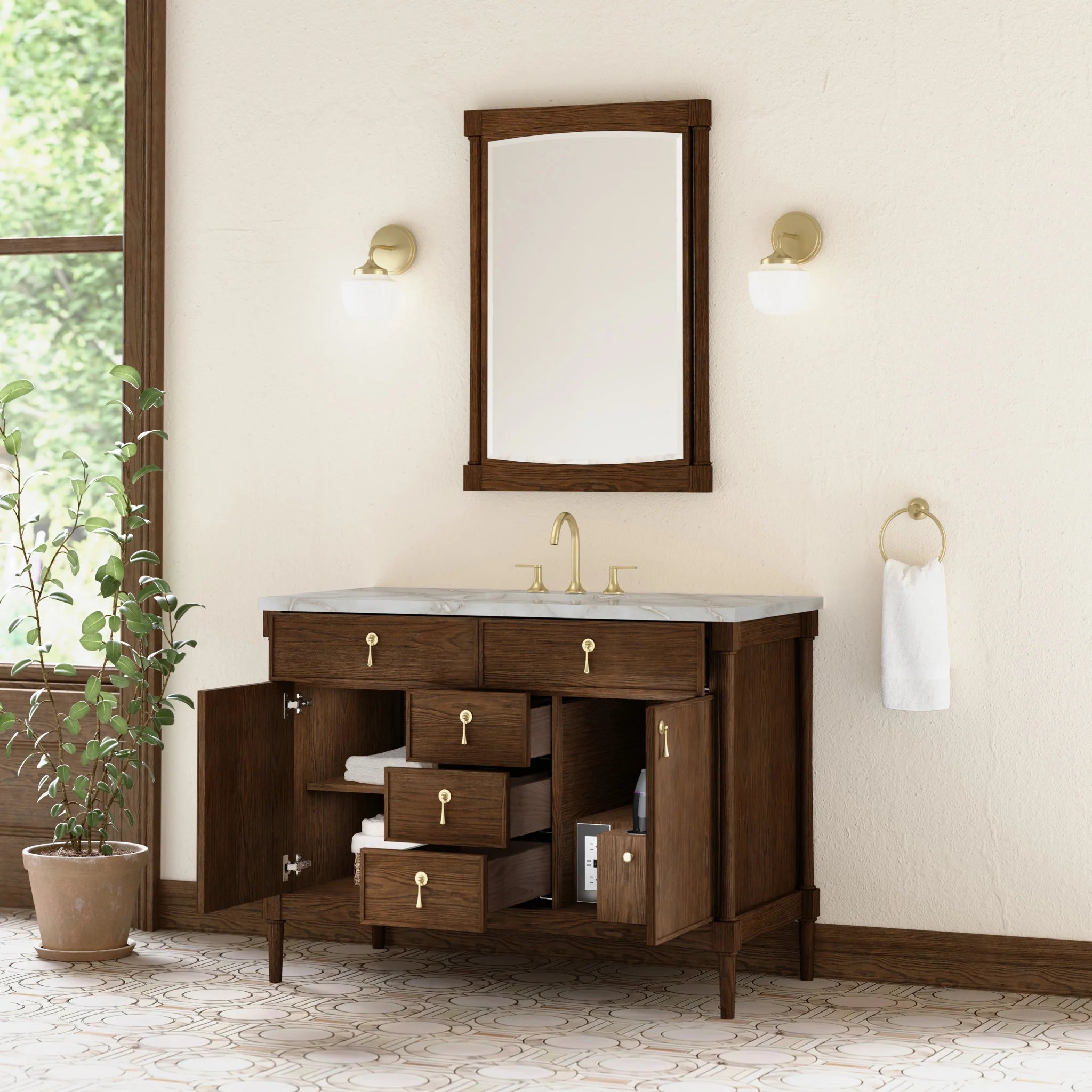 48" Kinnsden Single Vanity in Sable Oak w/FreePower Wireless Charger by James Martin Vanities-Victorian Silver Silestone 3