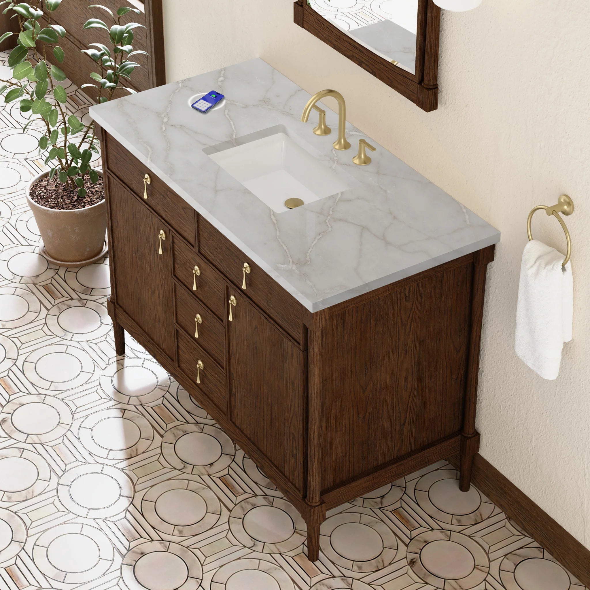 48" Kinnsden Single Vanity in Sable Oak w/FreePower Wireless Charger by James Martin Vanities-Victorian Silver Silestone 5