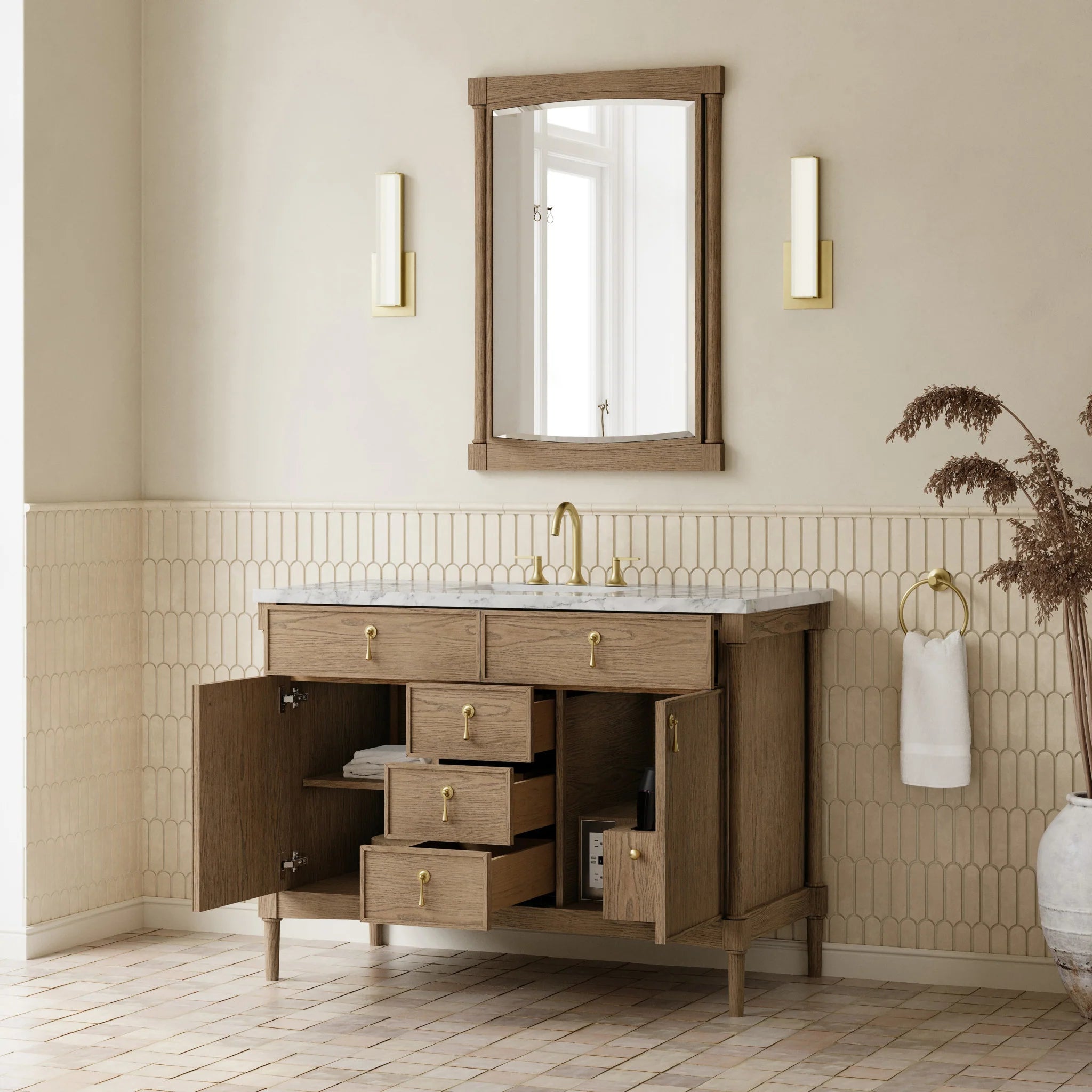 48" Kinnsden Single Vanity in Weathered Oak by James Martin Vanities-Carrara White Marble 3