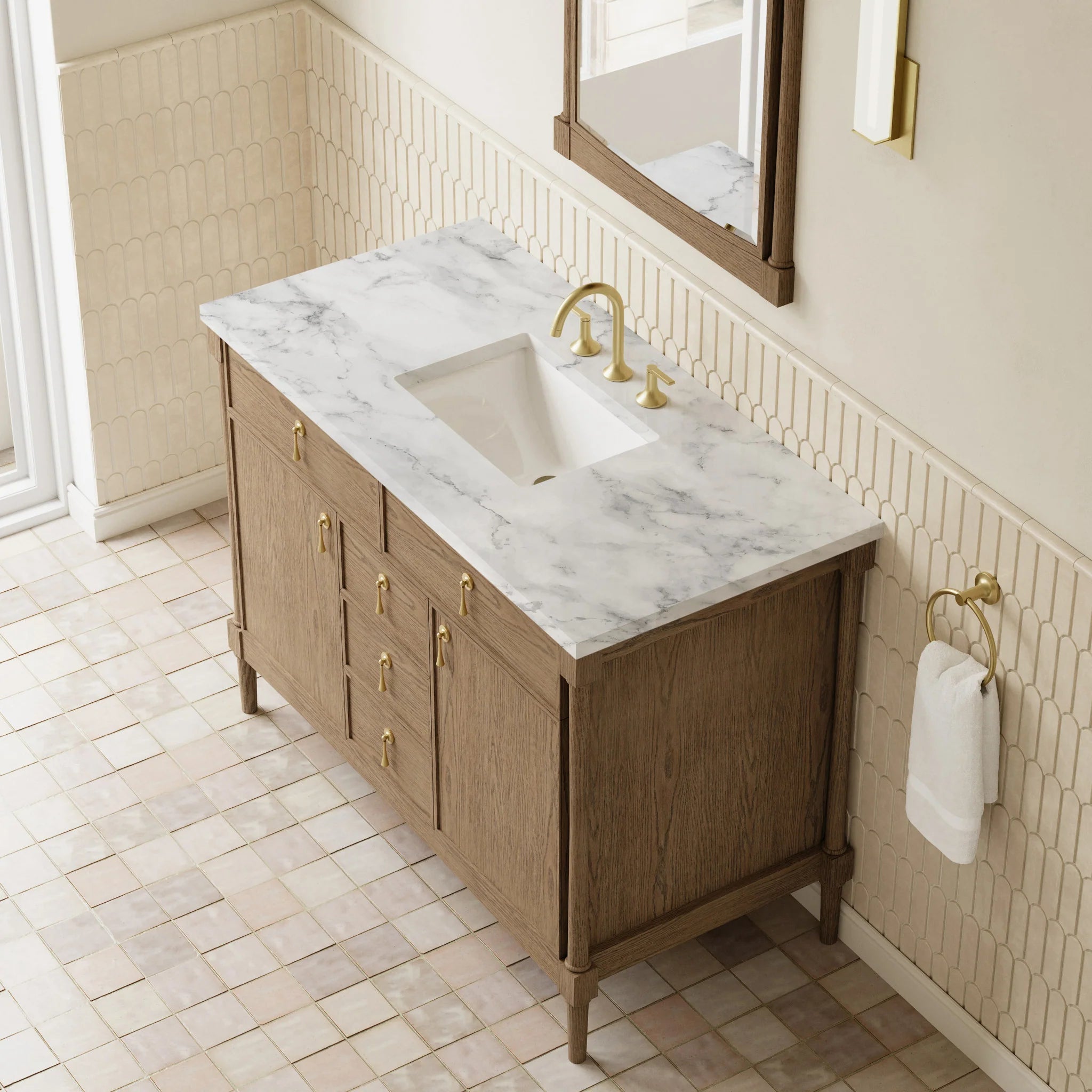 48" Kinnsden Single Vanity in Weathered Oak by James Martin Vanities-Carrara White Marble 5