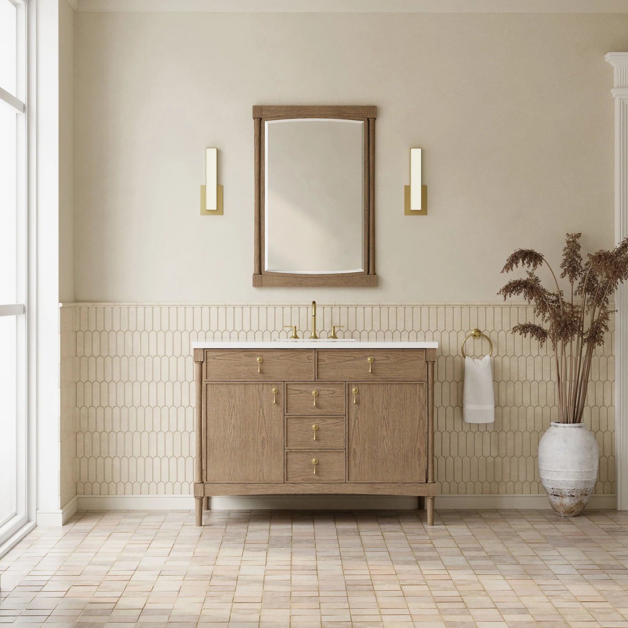 48" Kinnsden Single Vanity in Weathered Oak by James Martin Vanities-White Zeus Silestone 2