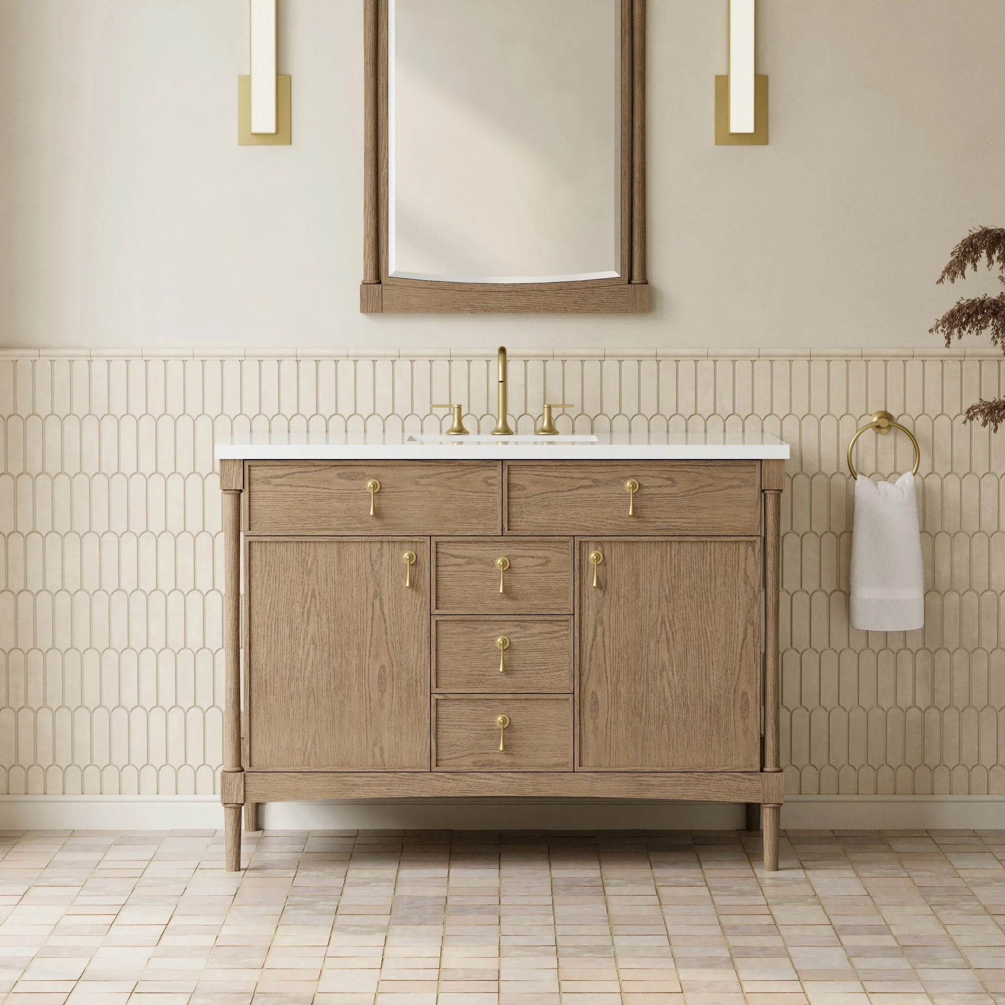 48" Kinnsden Single Vanity in Weathered Oak by James Martin Vanities-White Zeus Silestone 3