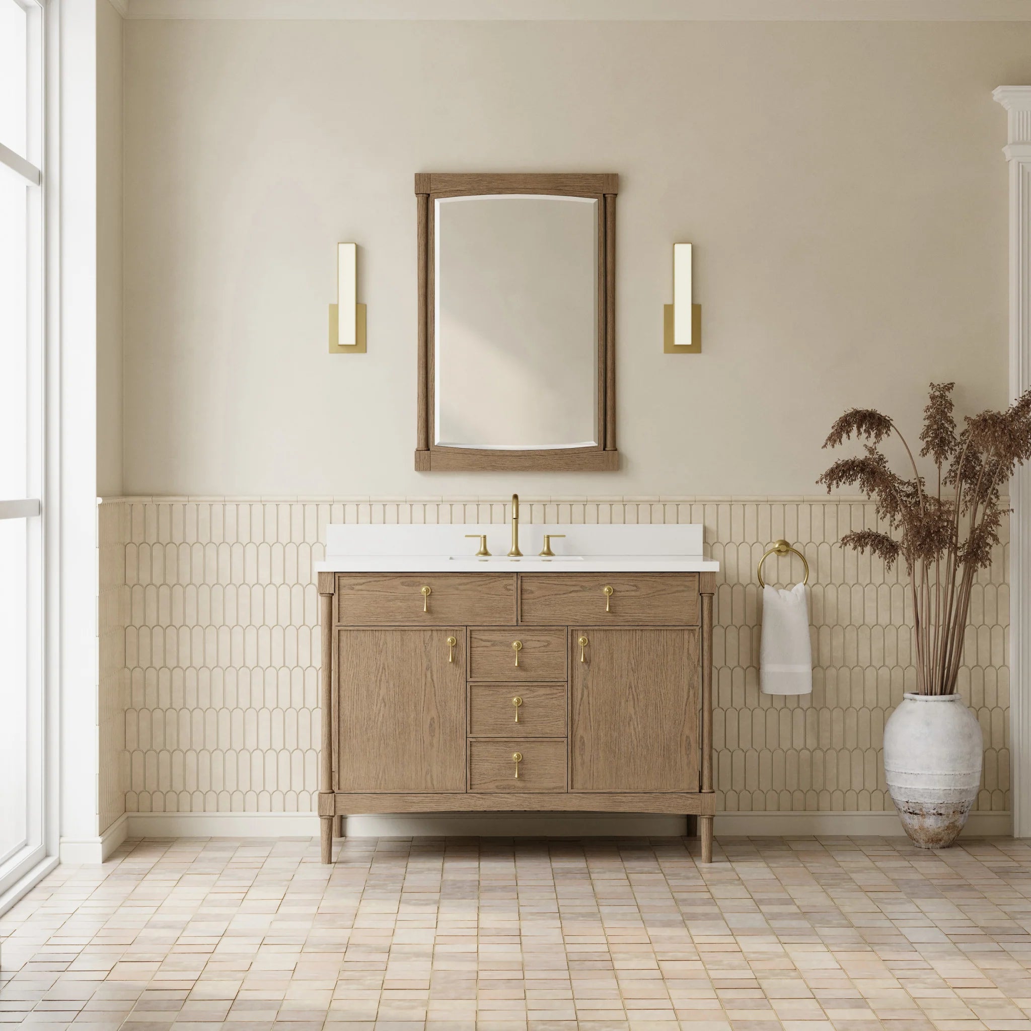 48" Kinnsden Single Vanity in Weathered Oak by James Martin Vanities-White Zeus Silestone 4