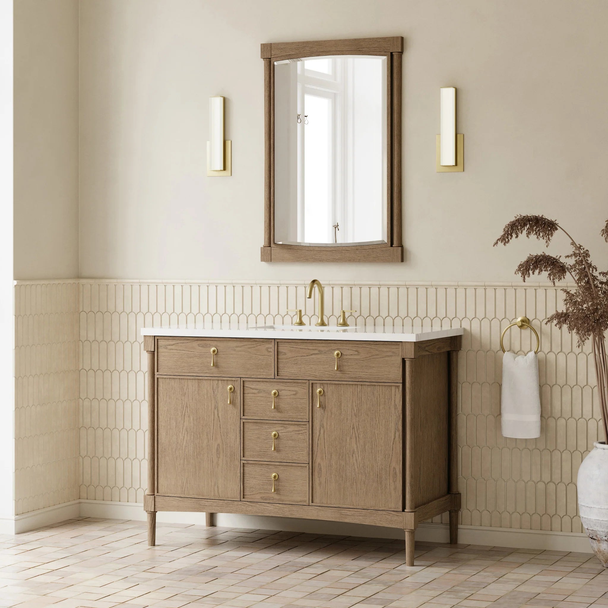 48" Kinnsden Single Vanity in Weathered Oak by James Martin Vanities-White Zeus Silestone 5