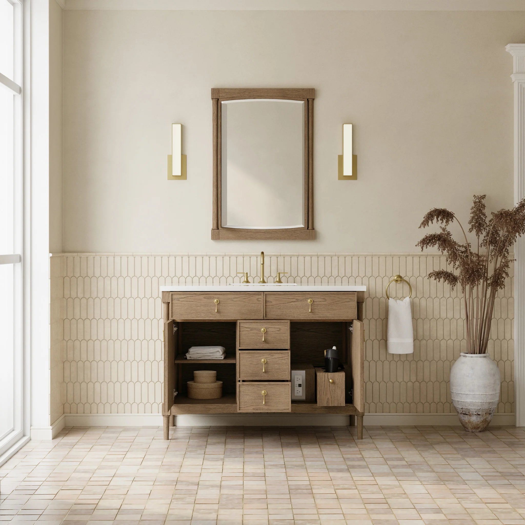 48" Kinnsden Single Vanity in Weathered Oak by James Martin Vanities-White Zeus Silestone 7