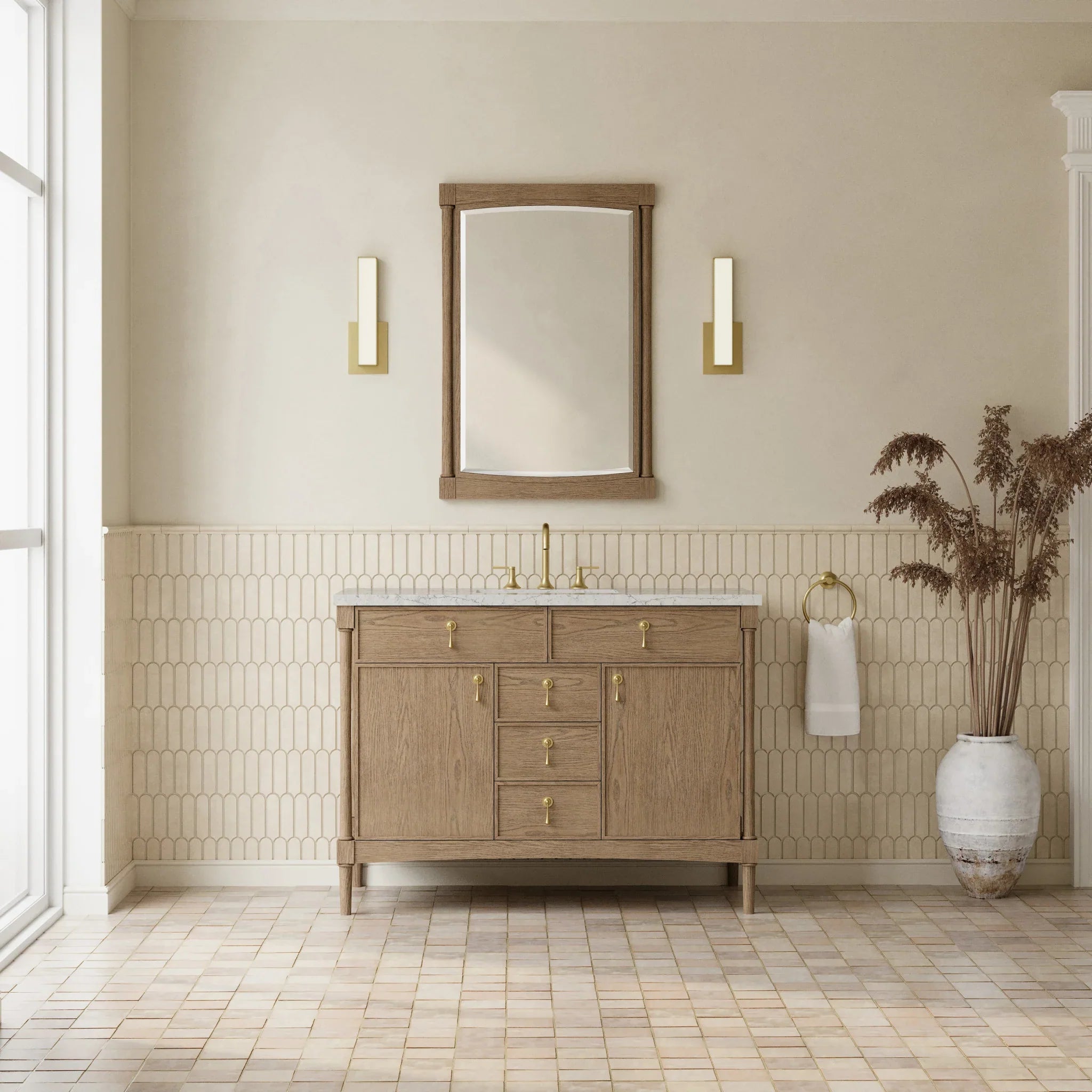 48" Kinnsden Single Vanity in Weathered Oak w/FreePower Wireless Charger by James Martin Vanities-Eternal Jasmine Pearl Silestone 1