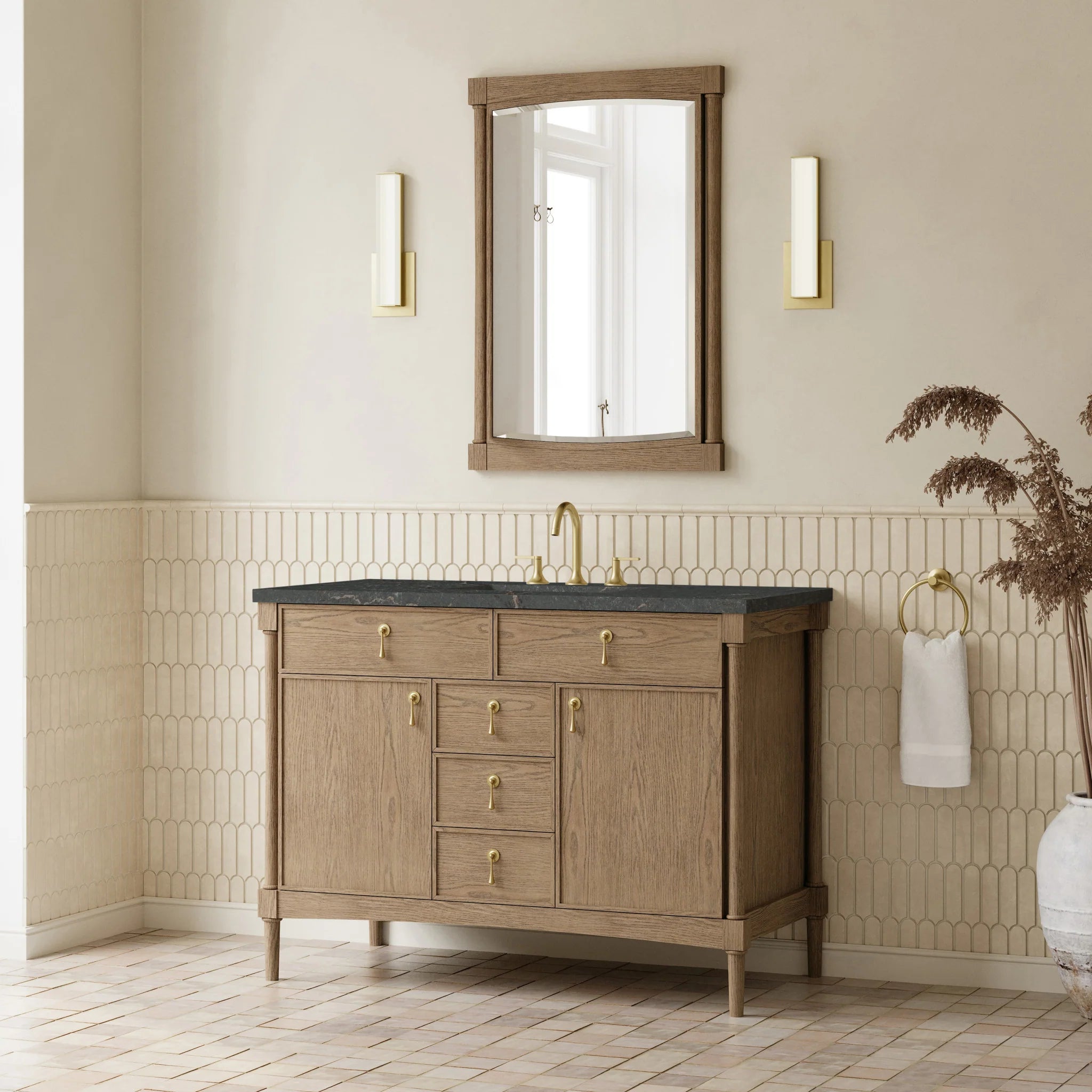 48" Kinnsden Single Vanity in Weathered Oak w/FreePower Wireless Charger by James Martin Vanities-Parisien Bleu Silestone 2