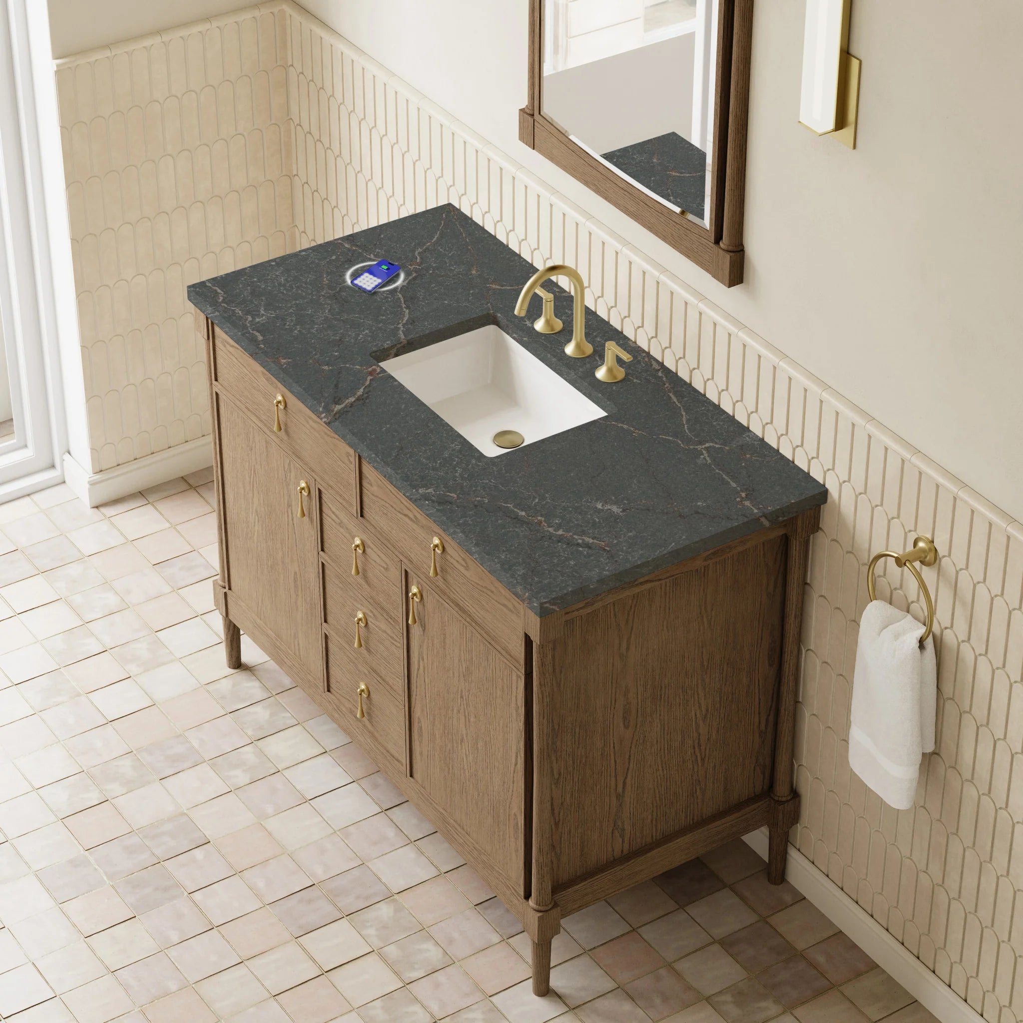 48" Kinnsden Single Vanity in Weathered Oak w/FreePower Wireless Charger by James Martin Vanities-Parisien Bleu Silestone 5