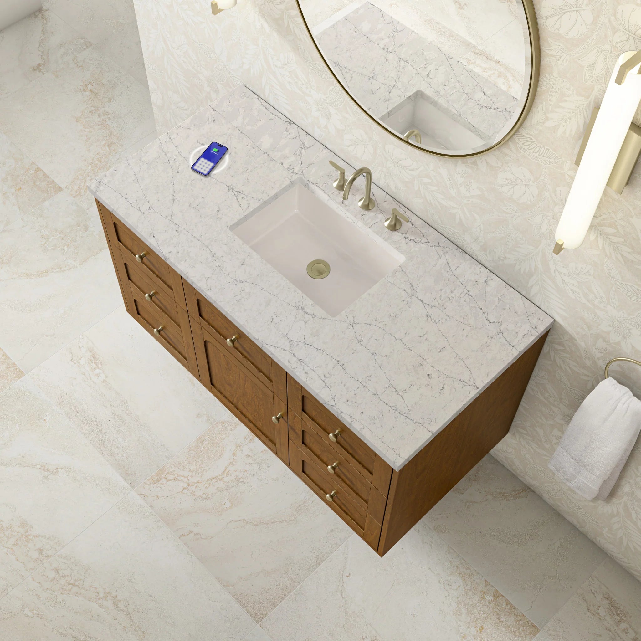 48" Laurent Single Vanity in Honey Oak w/FreePower Wireless Charger by James Martin Vanities-Eternal Jasmine Pearl Silestone 9