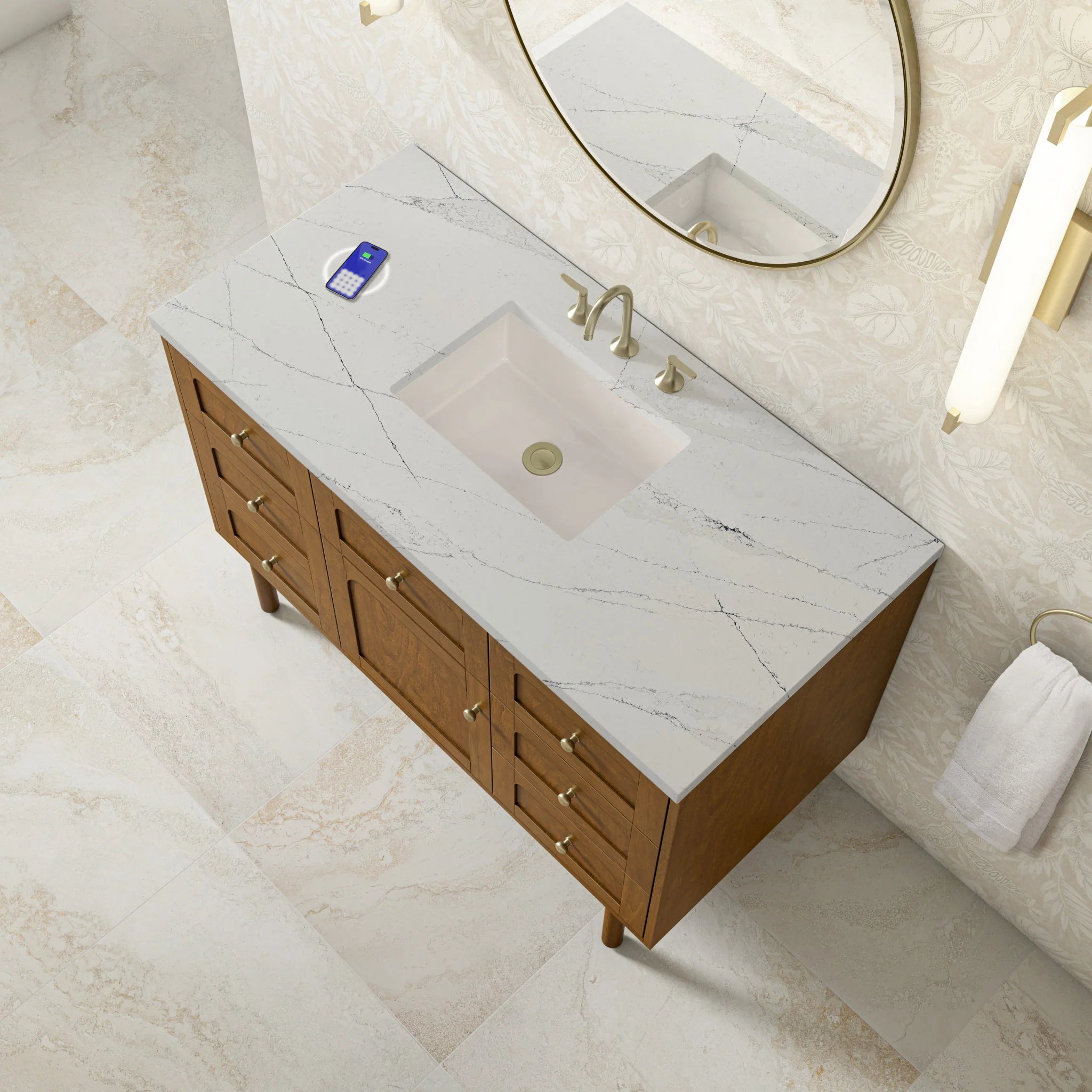 48" Laurent Single Vanity in Honey Oak w/FreePower Wireless Charger by James Martin Vanities-Ethereal Noctis Silestone 8