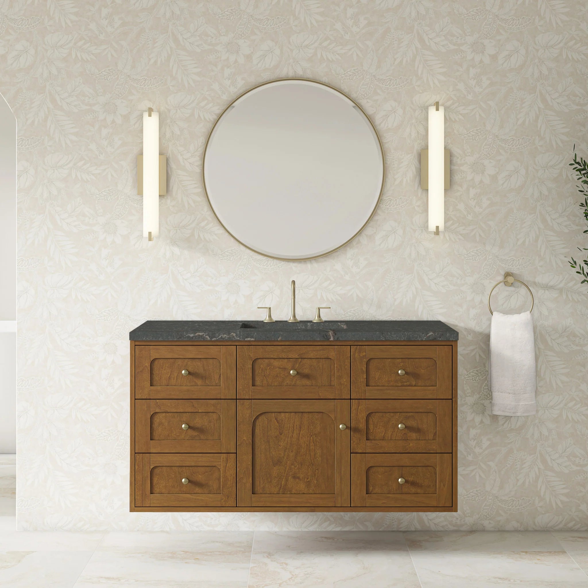 48" Laurent Single Vanity in Honey Oak w/FreePower Wireless Charger by James Martin Vanities-Parisien Bleu Silestone 3