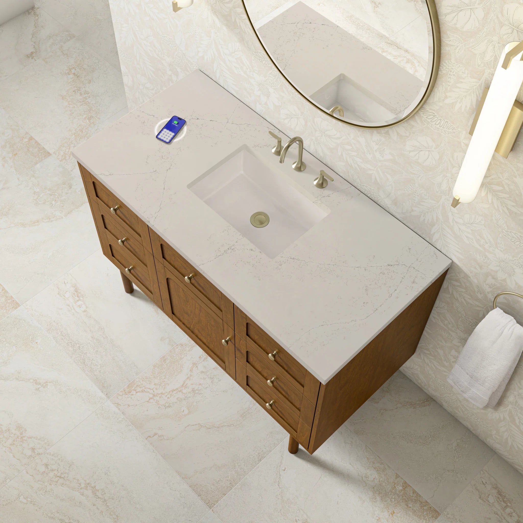 48" Laurent Single Vanity in Honey Oak w/FreePower Wireless Charger by James Martin Vanities-Siberian Silestone 8