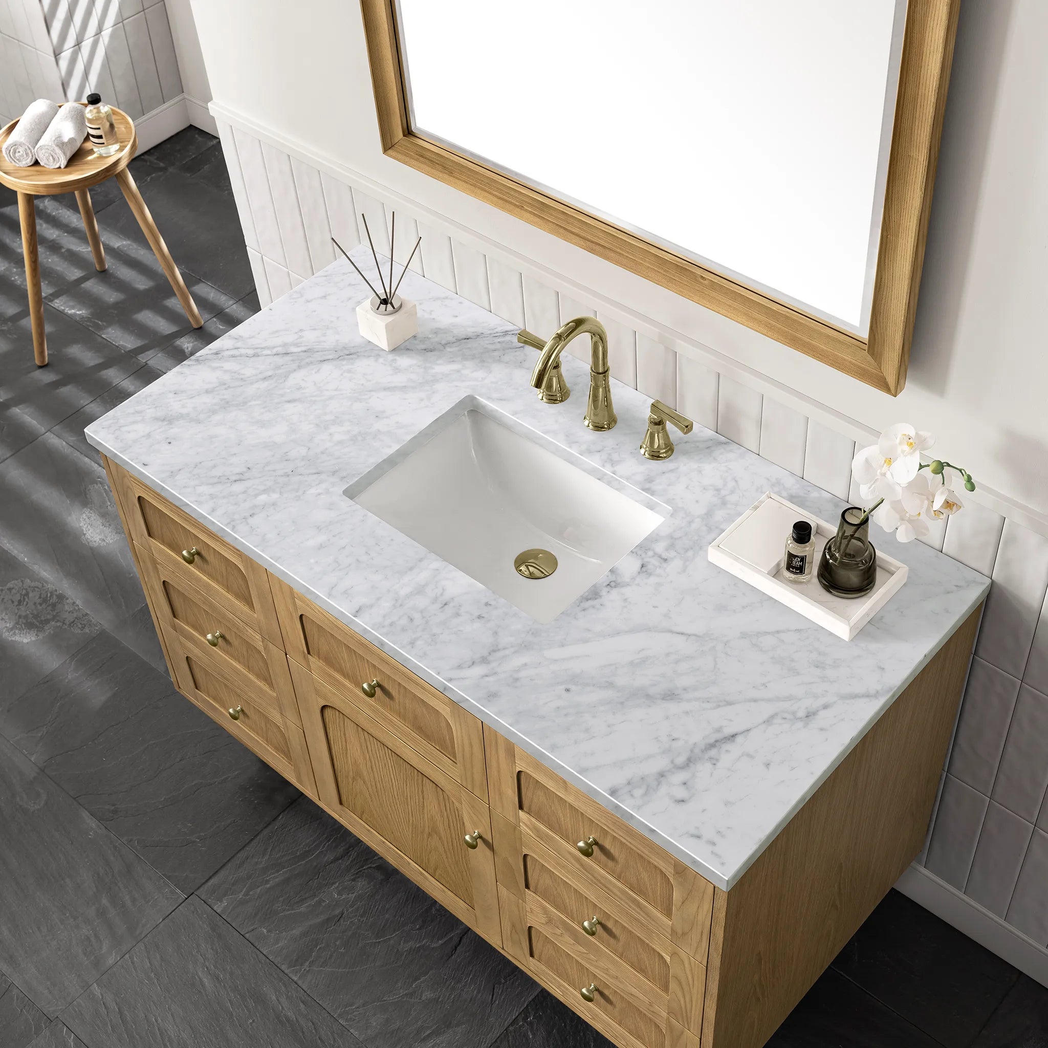 48" Laurent Single Vanity in Light Natural Oak-Carrara White Marble-8" Widespread image 10