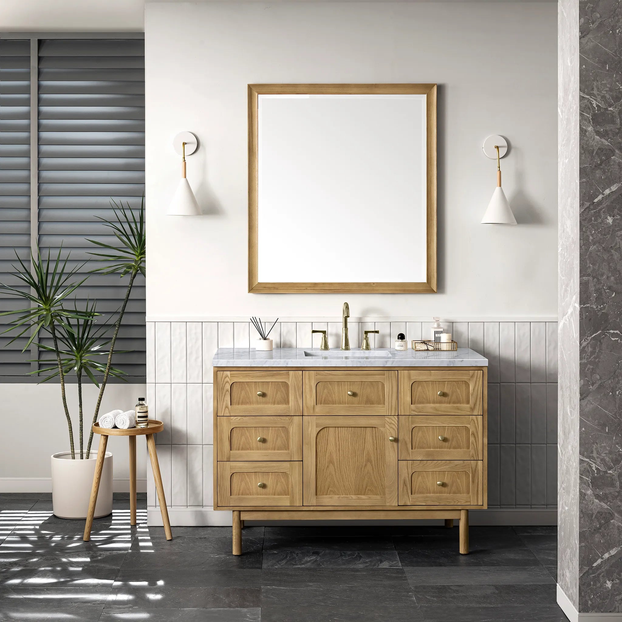 48" Laurent Single Vanity in Light Natural Oak-Carrara White Marble-8" Widespread image 2