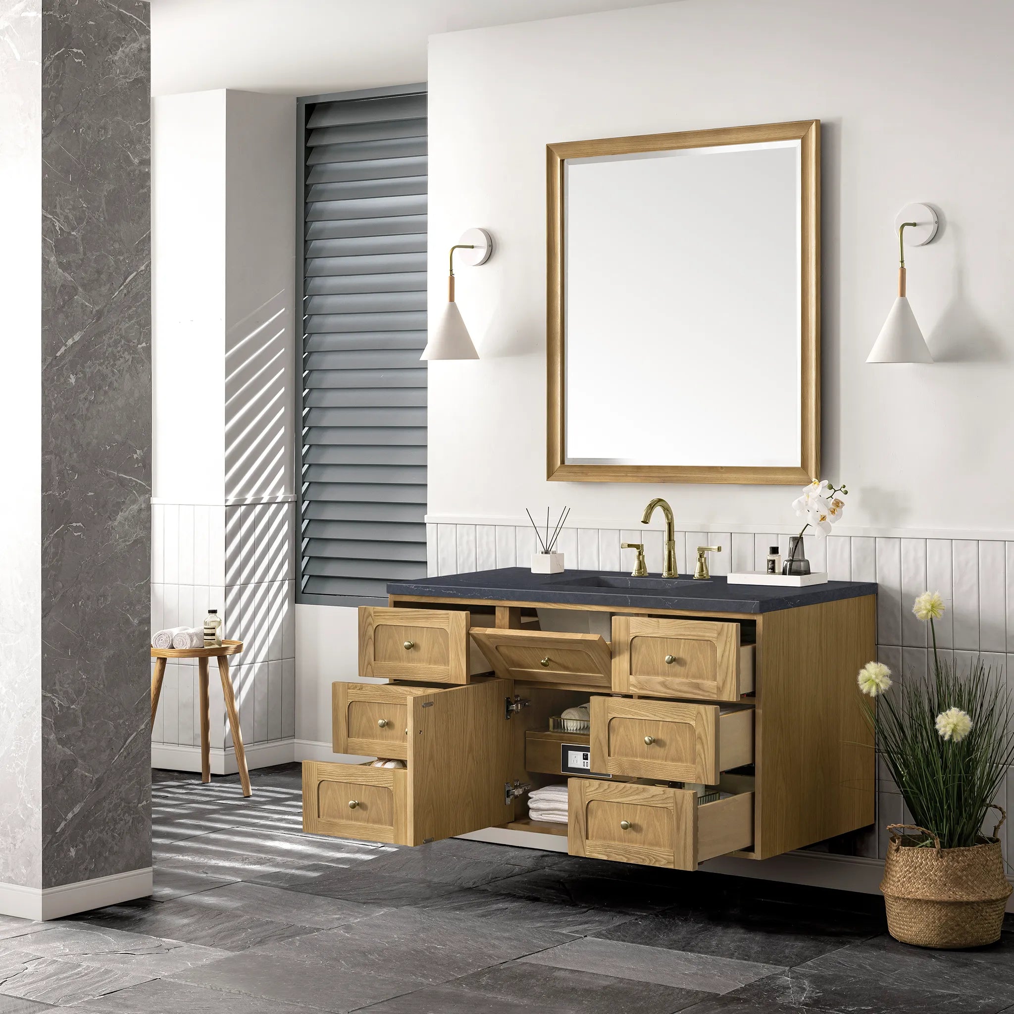 48" Laurent Single Vanity in Light Natural Oak-Charcoal Soapstone Silestone-8" Widespread image 7