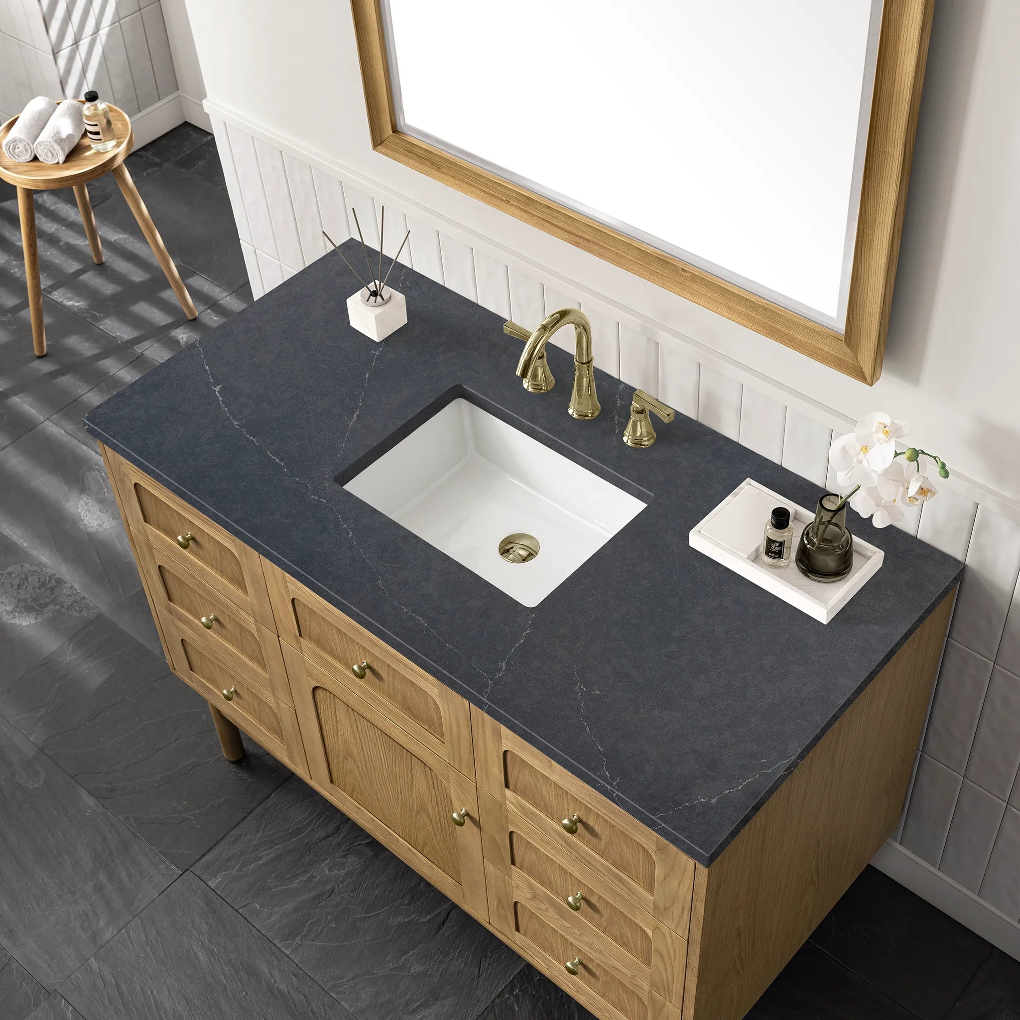 48" Laurent Single Vanity in Light Natural Oak-Charcoal Soapstone Silestone-8" Widespread image 9
