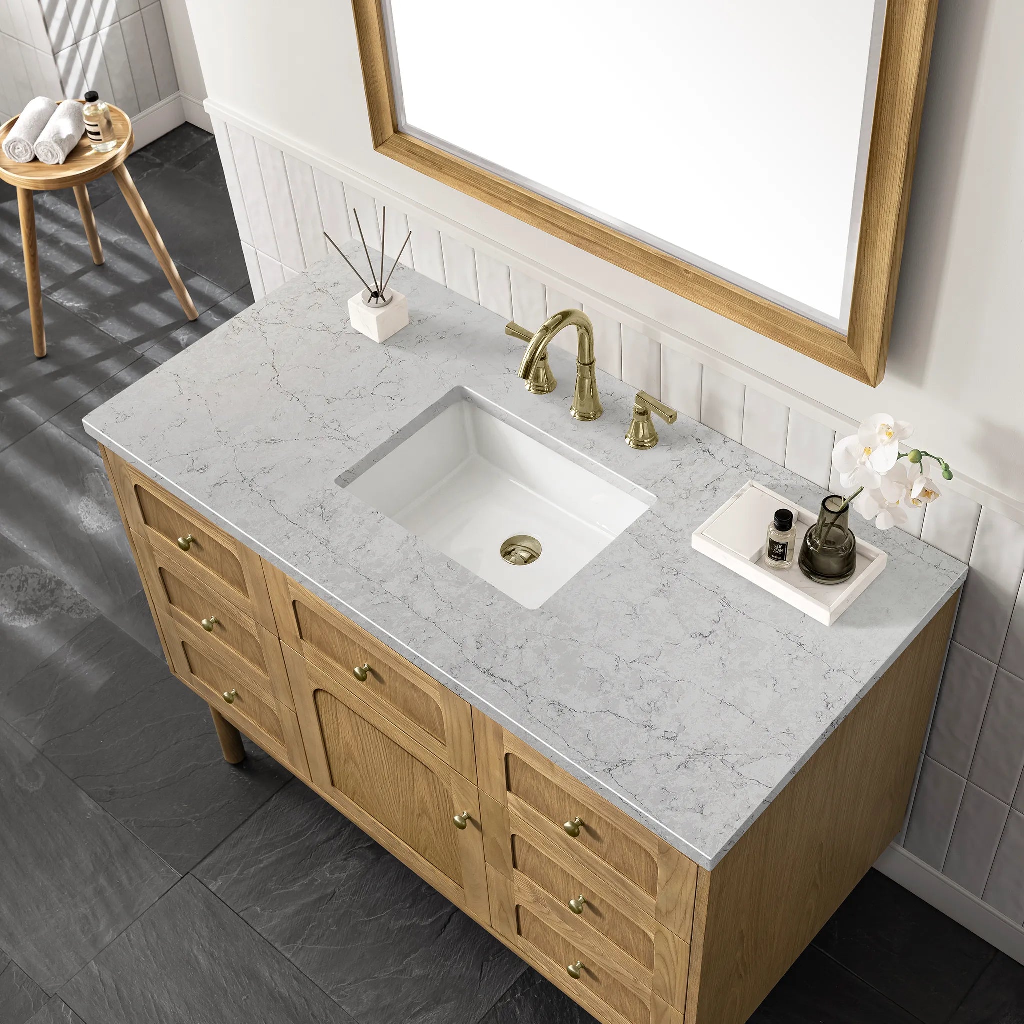 48" Laurent Single Vanity in Light Natural Oak-Eternal Jasmine Pearl Silestone-8" Widespread image 10