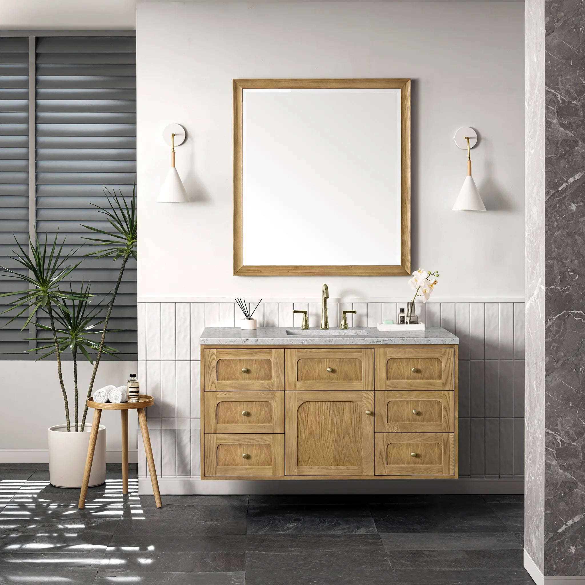 48" Laurent Single Vanity in Light Natural Oak-Eternal Jasmine Pearl Silestone-8" Widespread image 3