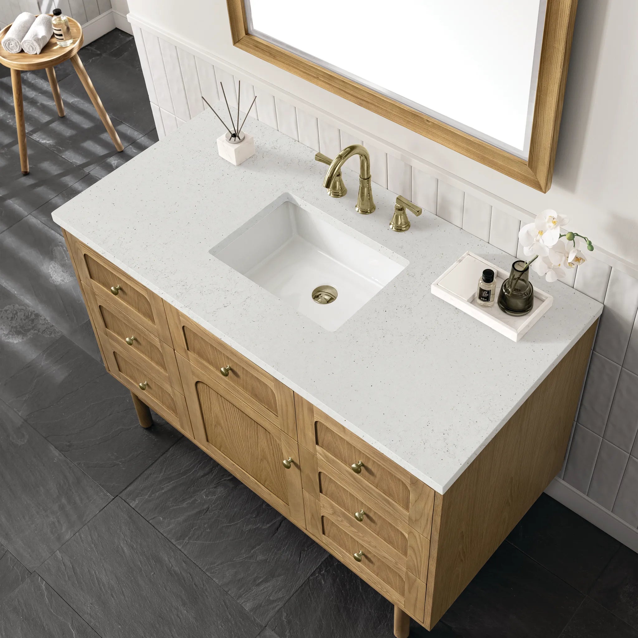 48" Laurent Single Vanity in Light Natural Oak-Lime Delight Silestone-8" Widespread image 9