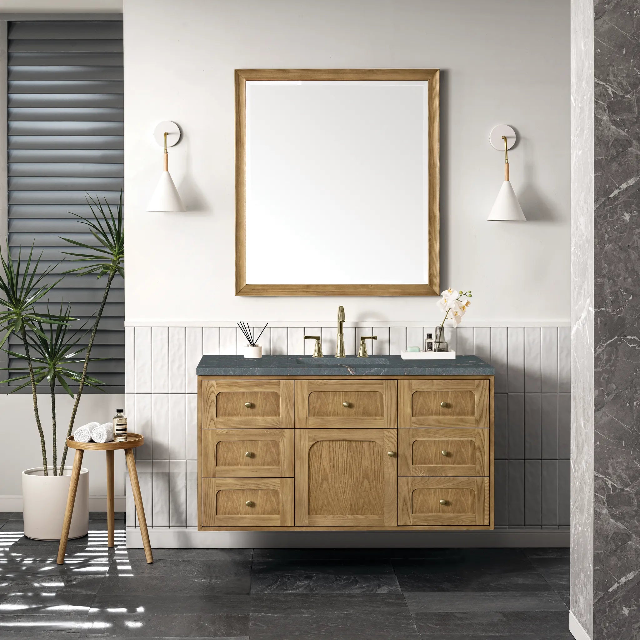 48" Laurent Single Vanity in Light Natural Oak-Parisien Bleu Silestone-8" Widespread image 3