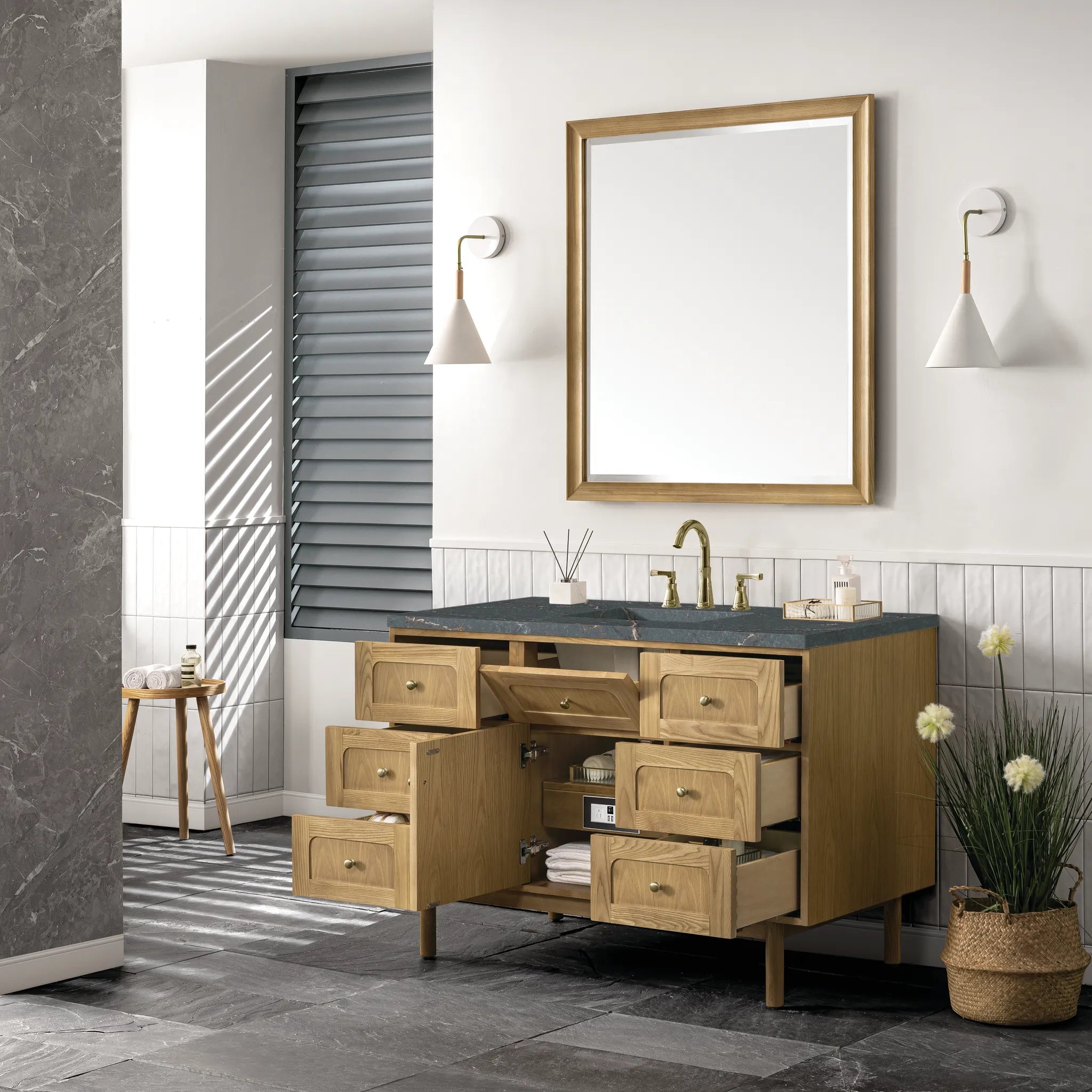 48" Laurent Single Vanity in Light Natural Oak-Parisien Bleu Silestone-8" Widespread image 6