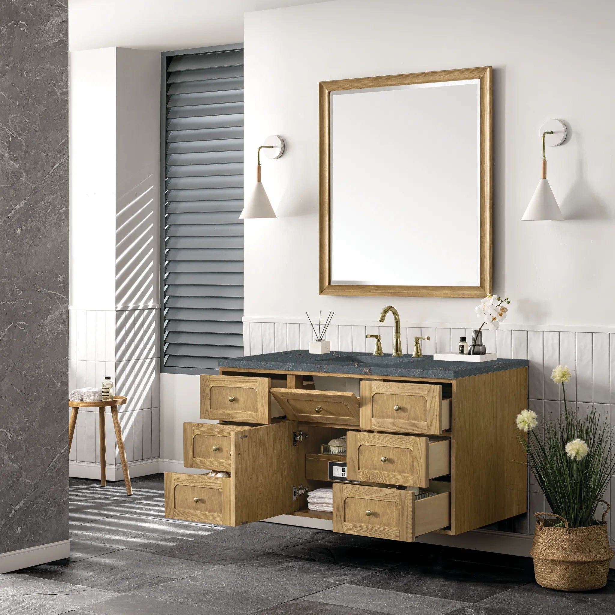 48" Laurent Single Vanity in Light Natural Oak-Parisien Bleu Silestone-8" Widespread image 7