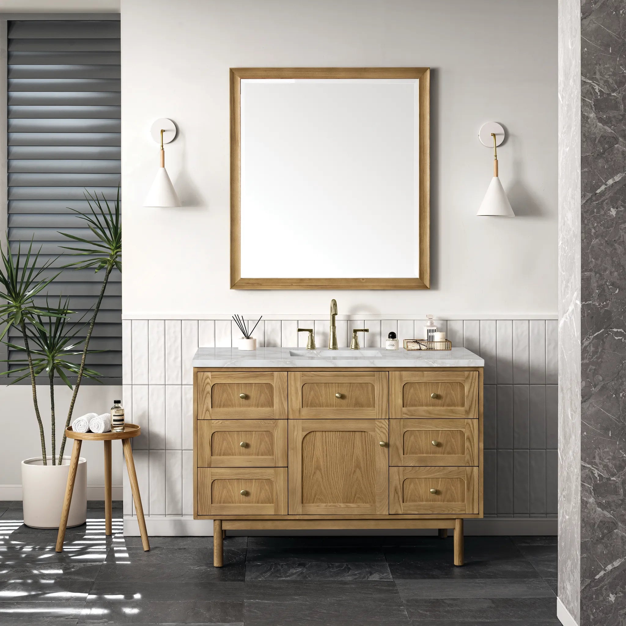 48" Laurent Single Vanity in Light Natural Oak-Victorian Silver Silestone-8" Widespread image 2