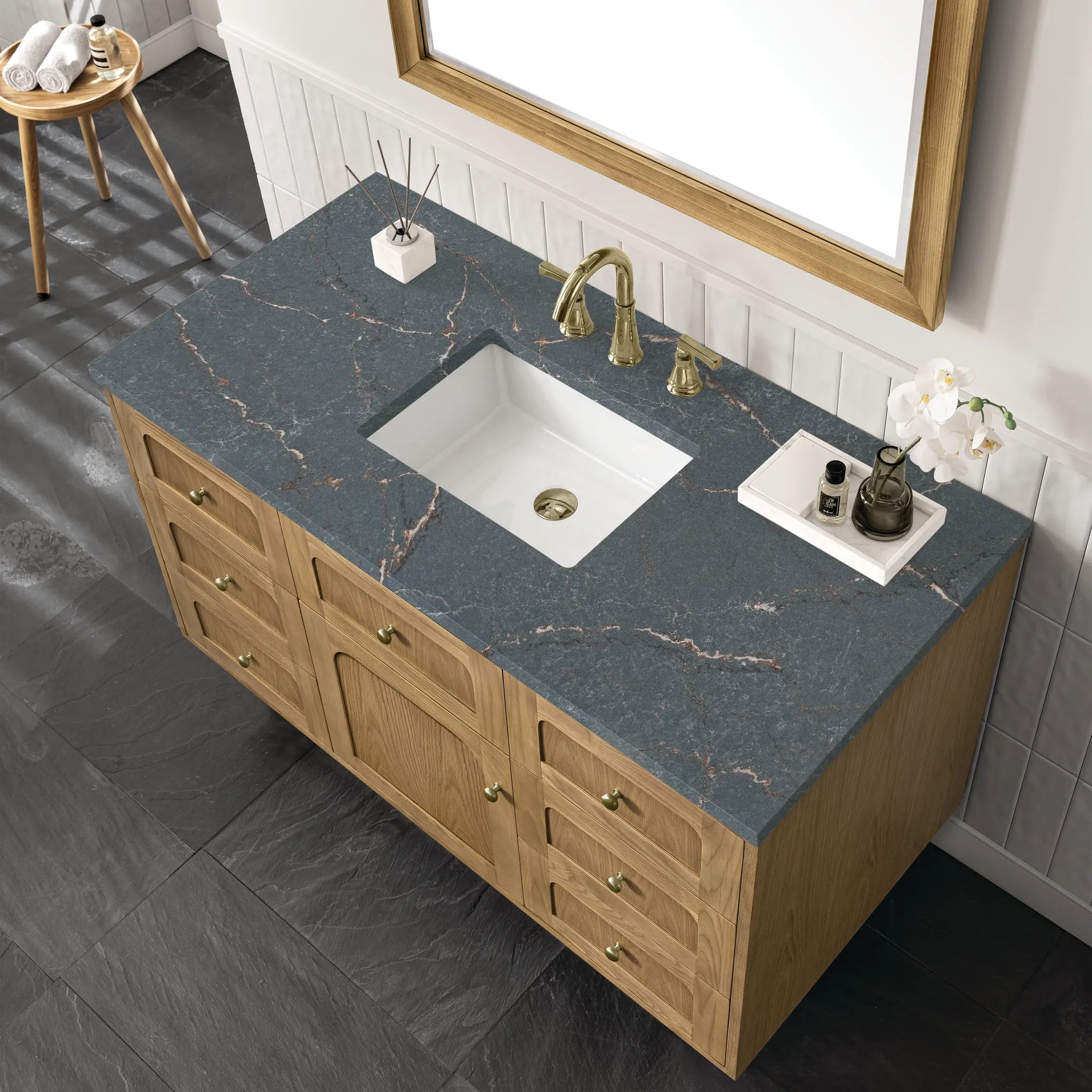 48" Laurent Single Vanity in Light Natural Oak w/FreePower Wireless Charger-Parisien Bleu Silestone-8" Widespread image 13