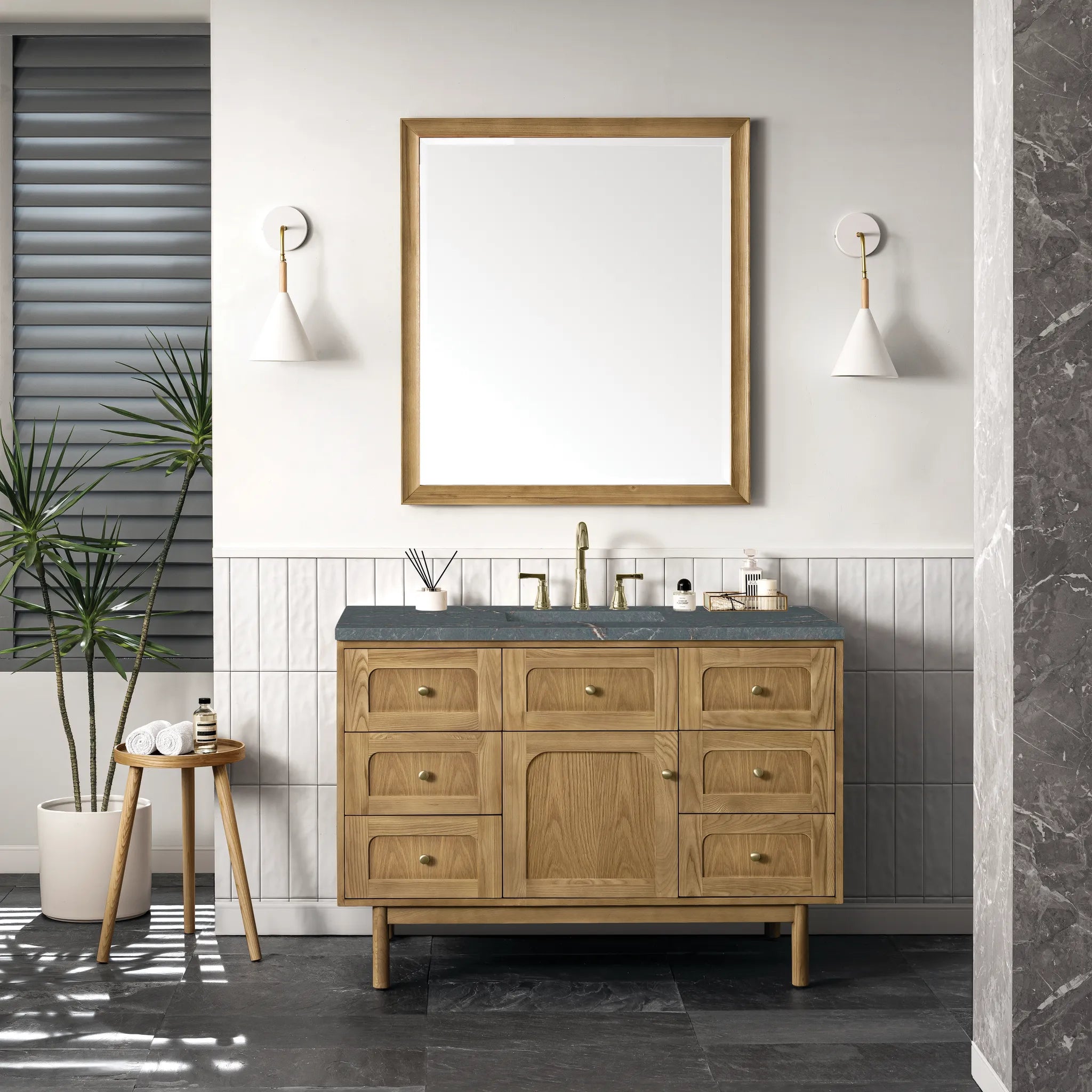 48" Laurent Single Vanity in Light Natural Oak w/FreePower Wireless Charger-Parisien Bleu Silestone-8" Widespread image 5