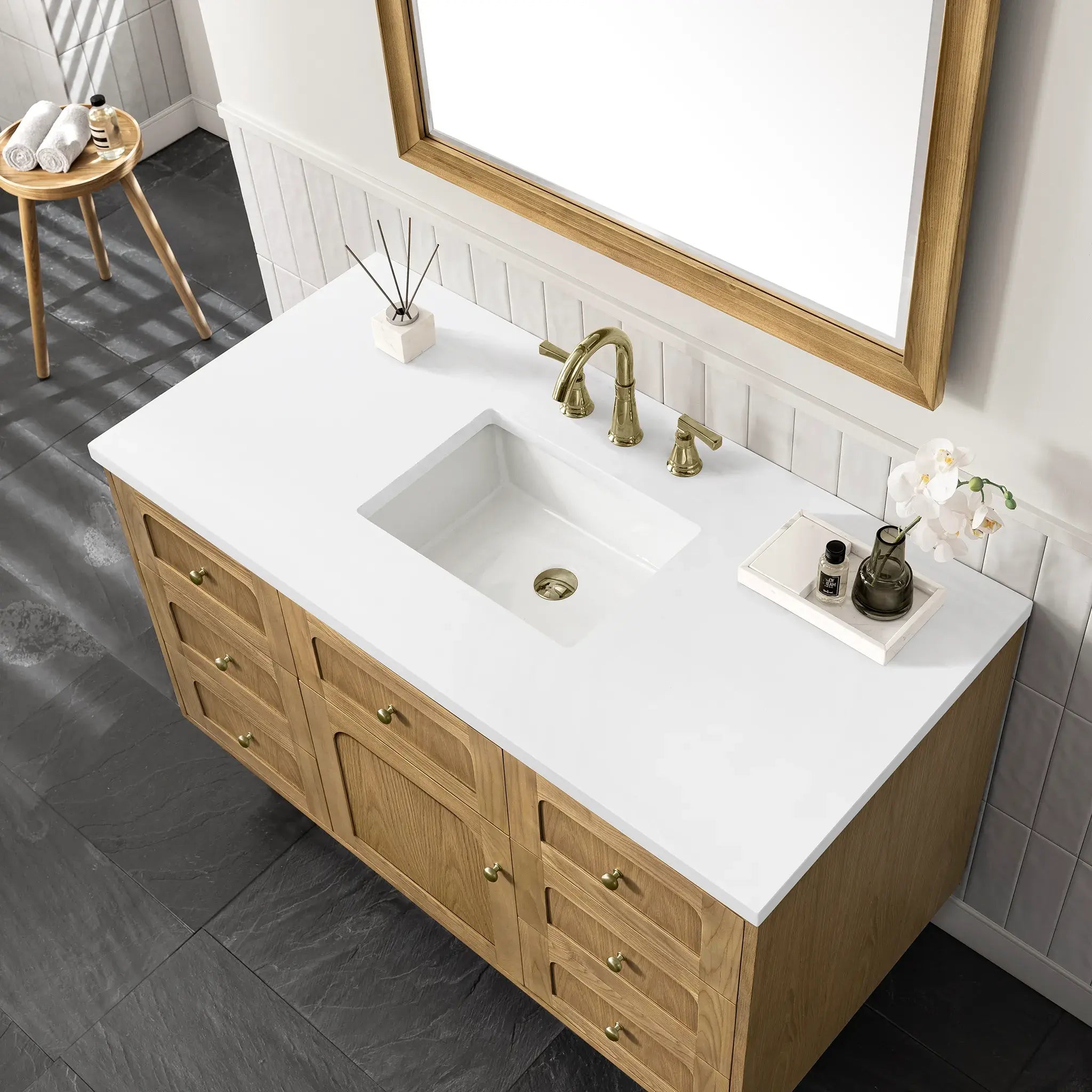 48" Laurent Single Vanity in Light Natural Oak-White Zeus Silestone-8" Widespread image 15